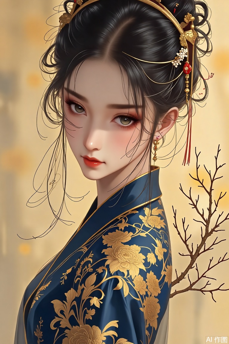 The image depicts a beautifully rendered digital artwork of a woman dressed in traditional East Asian attire. She is wearing a dark blue garment adorned with intricate golden floral patterns and designs. Her hair is styled elaborately, with delicate accessories and ornaments that complement her traditional look. The background is a warm, golden hue, creating a soft and ethereal atmosphere. There are also some abstract, branch-like shapes in the background, adding a sense of depth and texture to the composition.