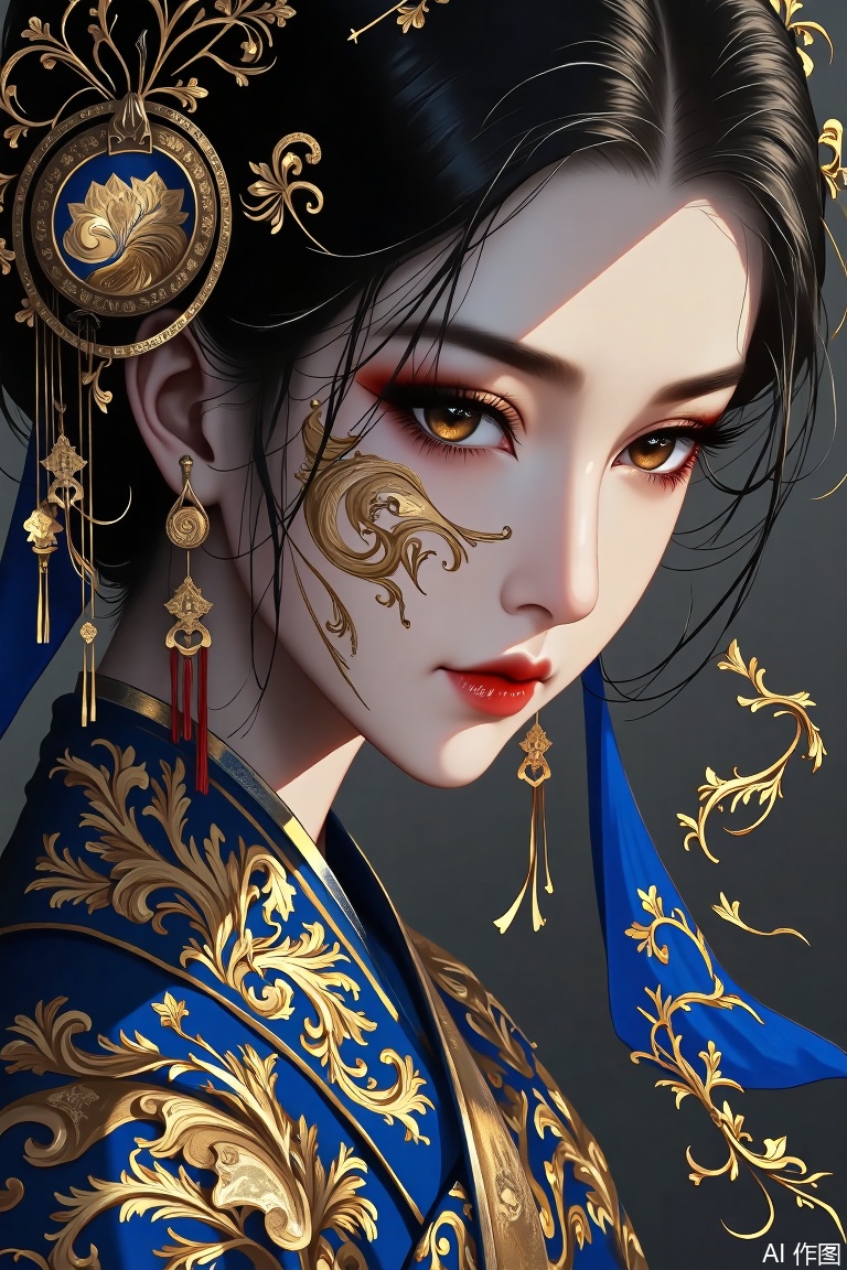 The image depicts a highly stylized and artistic portrait of a person adorned in elaborate traditional attire. The individual's face is partially visible, with intricate golden patterns on their cheek and a striking red lip. Their eyes are highlighted with dramatic makeup, including dark eyeliner and eyeshadow that complements the golden accents. The person is wearing a richly decorated blue garment with gold designs, and they have long, flowing hair adorned with golden ornaments. The background is a deep, dark color, which contrasts with the bright and ornate details of the person's attire and makeup. The overall composition is elegant and visually striking, emphasizing the cultural and artistic elements.