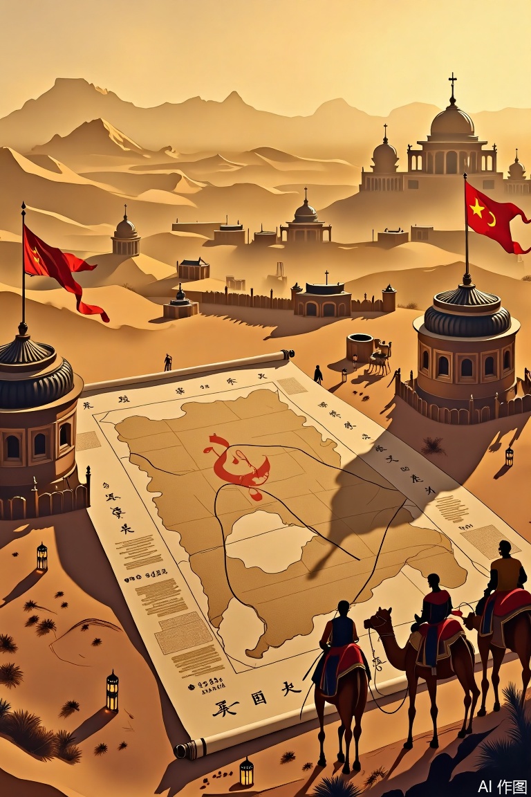 The image depicts a desert landscape with a large scroll or map rolled out on the ground, extending across the scene. The scroll features Chinese characters and appears to be a map or a historical document. The scroll is supported by two large, circular structures that resemble ancient architectural elements.

In the foreground, there are two camels with riders, and several small, glowing lanterns scattered around the area. The background shows a vast desert with sand dunes, a few small structures, and a flag with red and yellow colors. The lighting suggests a warm, golden hue, likely from the setting sun.