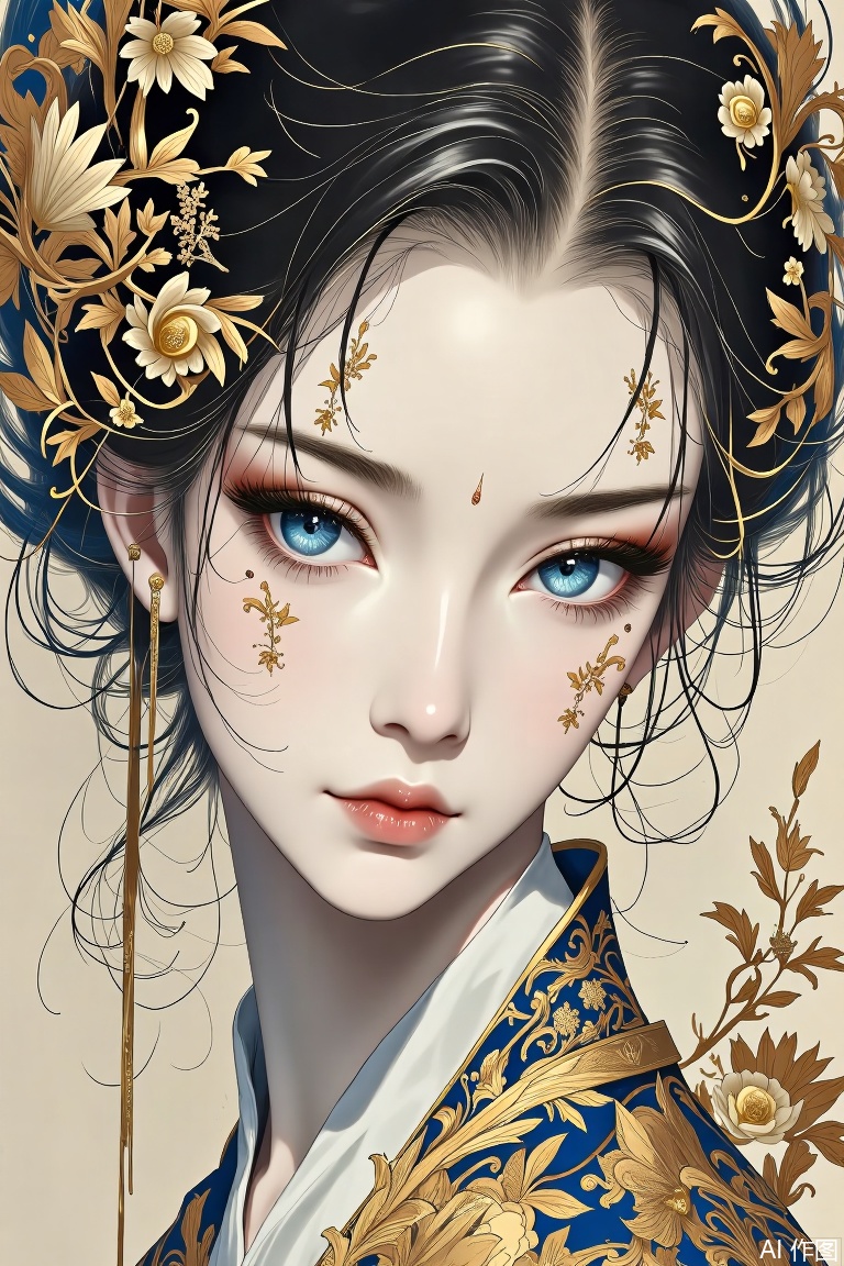 The image depicts a stylized, artistic portrait of a person with intricate details. The individual has a pale complexion with delicate facial markings and is adorned with elaborate, golden, floral-like designs on their clothing. Their eyes are large and expressive, with a striking blue color that contrasts with the soft, ethereal background. The person's hair is dark and appears to be styled in a flowing manner, with some parts intertwined with the ornate patterns on their attire. The overall composition is elegant and features a blend of traditional and fantastical elements.