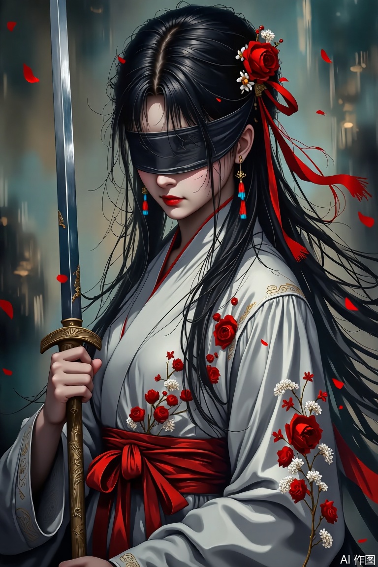 The image depicts a person dressed in traditional attire, holding a sword with a red sash tied around their waist. The person has long, dark hair adorned with red ribbons, and their eyes are partially covered by a black blindfold. The background is a blend of dark and light shades, creating a dramatic and mysterious atmosphere. The person's clothing features intricate floral patterns, and the overall scene has a serene yet intense feel.