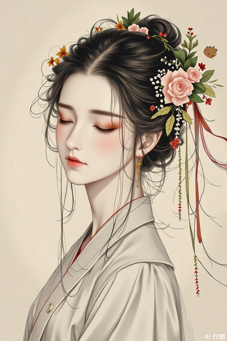 The image depicts a serene and elegant figure, likely a woman, dressed in traditional attire. Her hair is styled intricately, adorned with delicate flowers and long, flowing hair strands. She has a calm and contemplative expression, with her eyes gently closed and a subtle blush on her cheeks. The background is a soft, muted palette, enhancing the ethereal and tranquil atmosphere of the scene. The overall composition exudes a sense of timeless beauty and tranquility.