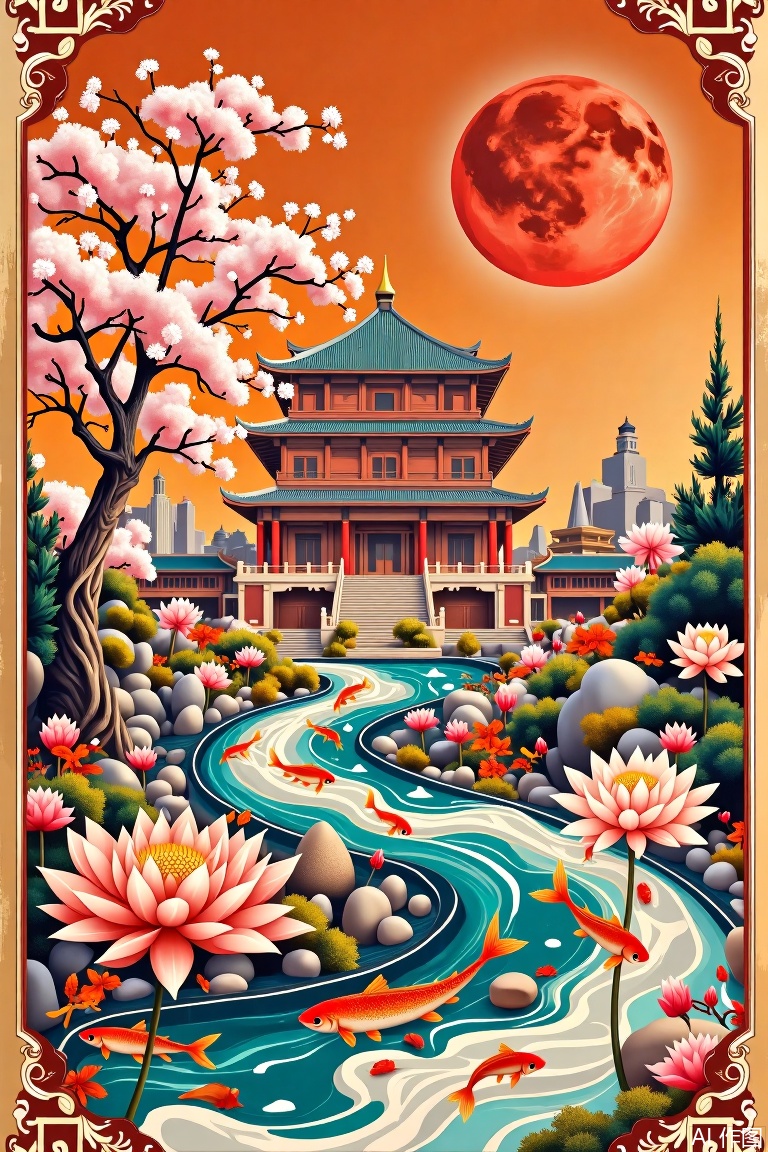 The image is a vibrant and intricate artwork that combines elements of traditional Chinese art with a modern, stylized approach. It features a large red circle resembling a moon or sun in the upper right corner, set against a bright orange background. The scene is dominated by a traditional East Asian architectural structure, possibly a pagoda, with ornate details and a curved roof. Surrounding the structure are various elements of nature, including a tree with pink blossoms, a winding river or stream with flowing water, and several fish swimming in the water. The river is depicted with a rich blue color, and the fish are illustrated in shades of orange and red, adding a sense of movement and life to the scene. Additionally, there are flowers, including peonies and lotus blossoms, which are also painted in soft, pastel colors. The entire composition is framed with a golden border, enhancing the overall aesthetic and giving the artwork a sense of completeness and harmony.