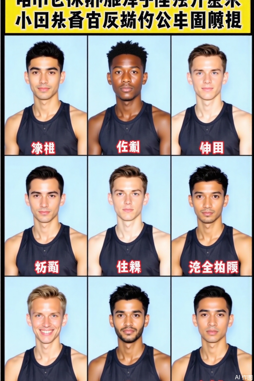 This is a nine grid image with the theme of "What does a president look like when you were born abroad. The figure shows the image assuming the same person was born in different countries. The characters are dressed in a uniform dark sports vest with a light blue background. Their expressions and demeanor are similar, their posture is upright and straight, and their eyes are looking towards the top left corner of the camera. Through different physical features, they present the typical style of the corresponding national population.
The first row, from left to right, represents the image of men born in France, China, and Africa;
Under the image of a French man is written '法国', under the image of a Chinese man is written '中国', and under the image of an African man is written '非洲',
The second row, from left to right, depicts the image of men born in Italy, India, and Germany;
Under the image of an Italian man is written '意大利', under the image of an Indian man is written '印度', and under the image of a German man is written '德国',
The third row, from left to right, depicts the image of men born in Sweden, Egypt, and the United States.
Under the image of a Swedish man is written '瑞典', under the image of an Egyptian man is written '埃及', and under the image of an American man is written '美国',