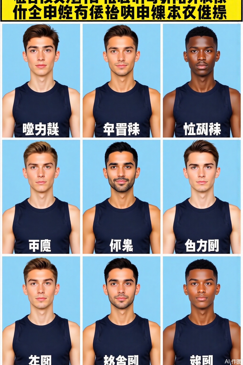 This is a nine grid image with the theme of "What does a president look like when you were born abroad. The figure shows the image assuming the same person was born in different countries. The characters are dressed in a uniform dark sports vest with a light blue background. Their expressions and demeanor are similar, their posture is upright and straight, and their eyes are looking towards the top left corner of the camera. Through different physical features, they present the typical style of the corresponding national population.
The first row, from left to right, represents the image of men born in France, China, and Africa;
Under the image of a French man is written '法国', under the image of a Chinese man is written '中国', and under the image of an African man is written '非洲',
The second row, from left to right, depicts the image of men born in Italy, India, and Germany;
Under the image of an Italian man is written '意大利', under the image of an Indian man is written '印度', and under the image of a German man is written '德国',
The third row, from left to right, depicts the image of men born in Sweden, Egypt, and the United States.
Under the image of a Swedish man is written '瑞典', under the image of an Egyptian man is written '埃及', and under the image of an American man is written '美国',