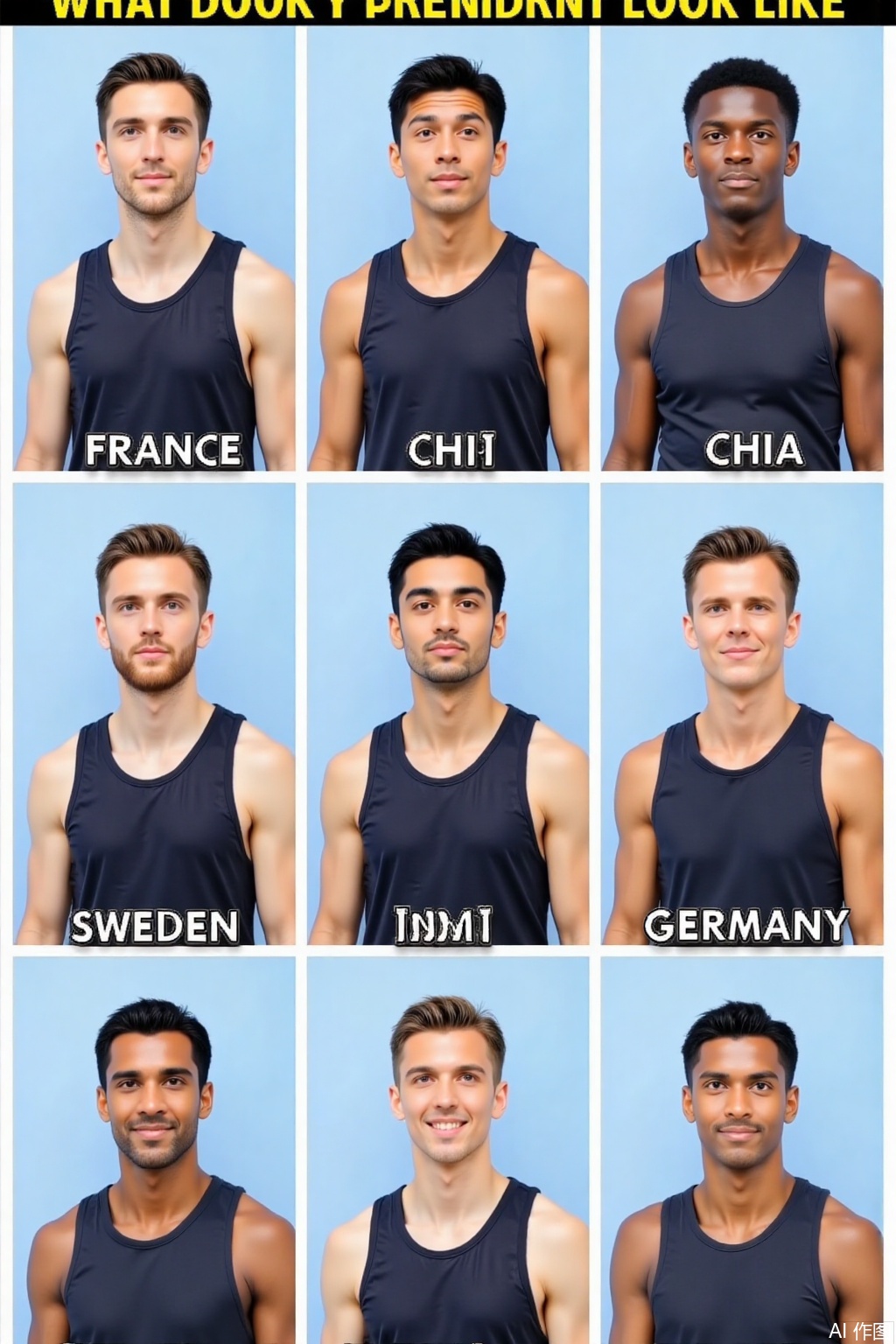 This is a nine grid image with the theme of "What does a president look like when you were born abroad. The figure shows the image assuming the same person was born in different countries. The characters are dressed in a uniform dark sports vest with a light blue background. Their expressions and demeanor are similar, their posture is upright and straight, and their eyes are looking towards the top left corner of the camera. Through different physical features, they present the typical style of the corresponding national population.
The first row, from left to right, represents the image of men born in France, China, and Africa;
Under the image of a French man is written 'France', under the image of a Chinese man is written 'China', and under the image of an African man is written 'Africa',
The second row, from left to right, depicts the image of men born in Italy, India, and Germany;
Under the image of an Italian man is written 'Italy', under the image of an Indian man is written 'India', and under the image of a German man is written 'Germany',
The third row, from left to right, depicts the image of men born in Sweden, Egypt, and the United States.
Under the image of a Swedish man is written 'Sweden', under the image of an Egyptian man is written 'Egypt', and under the image of an American man is written 'America',