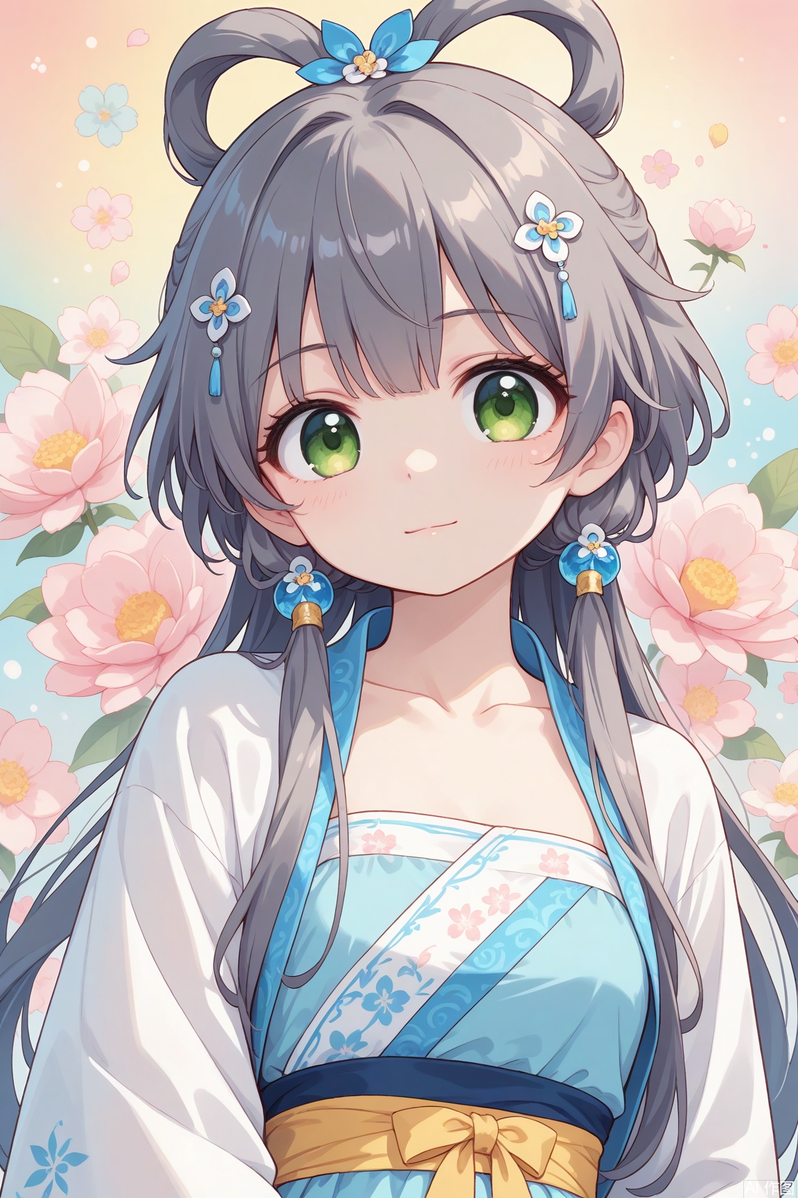  masterpiece, high quality, absurdres, best quality, very aesthetic, colorful, newest, 1girl,luo tianyi, hanfu, hair ornament, collarbone,1girl, solo, light blush, light smile, upper body, looking at viewer,floral background, watercolor background, abstract background, candy colored background,