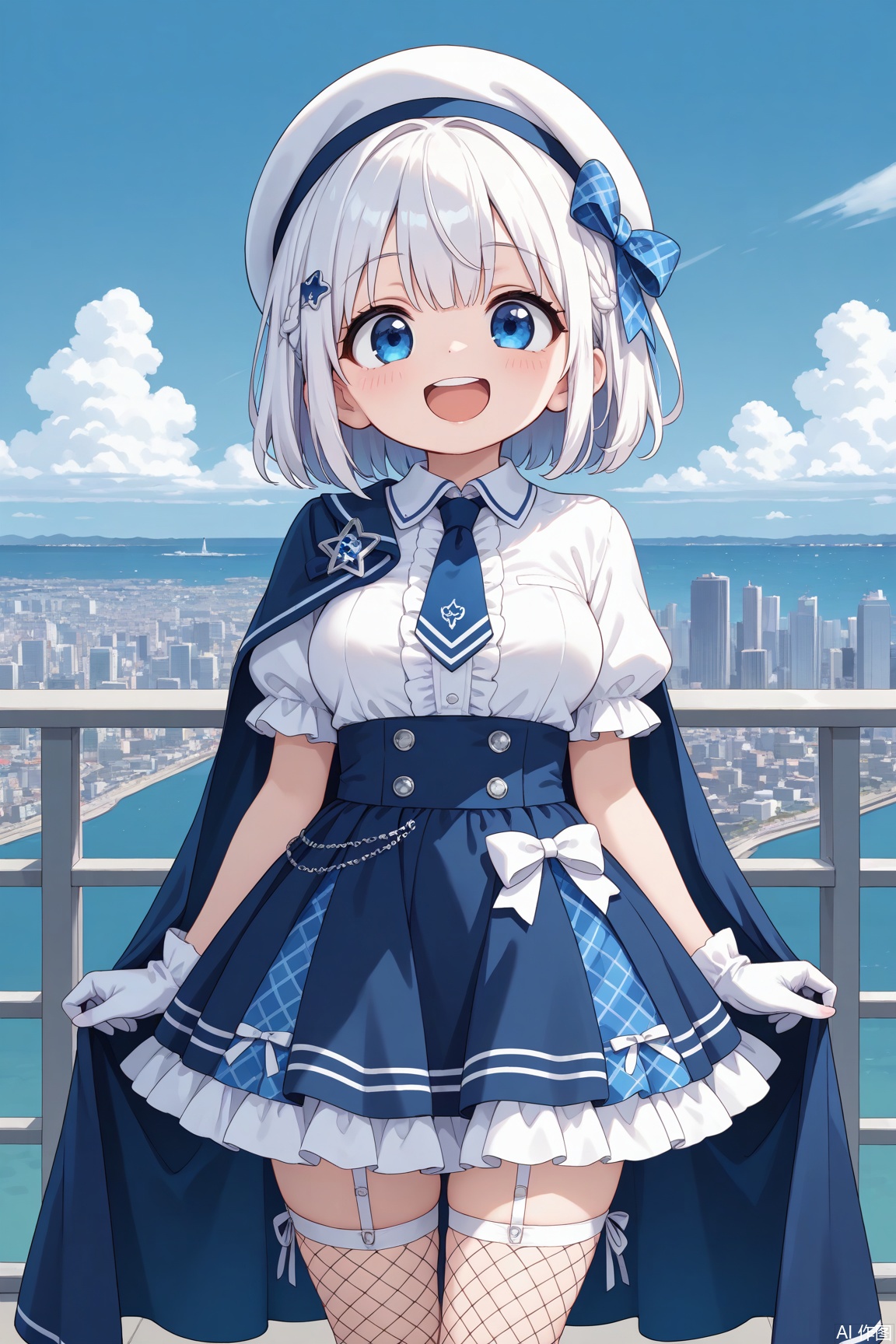 newest, latest, masterpiece, best quality, amazing quality, very aesthetic, absurdres,cute, kawaii, small, cute round face, slender, detailed eyes, detailed hair,1girl, solo,gothic dress, Idol costume, blue and white theme, white blouse, white collar, tie, open short-cape, short sleeve, blue tartan-check pattern (ruffle-skirt, multilayer-skirt), white basque-beret with ribbon, Fishnet stockings, glove,happy smile, laugh, open mouth,standing, cowboy shot,sea, bay, cityscape in tokyo, ultra detailed background, blue sky, bay side, panorama view,medium breasts, white hair, blue eyes