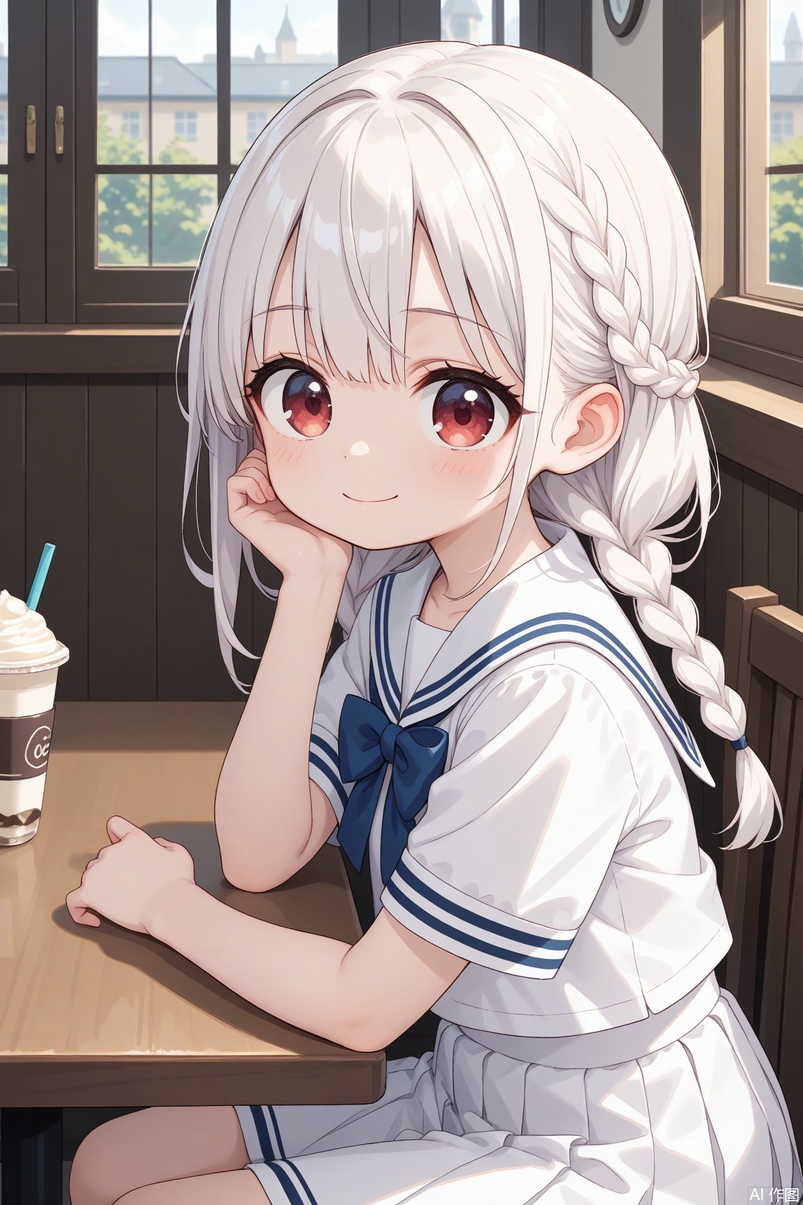 newest, latest, masterpiece, best quality, amazing quality, very aesthetic, absurdres,cute, cute round face, slender, detailed eyes, detailed hair, kawaii,1girl, solo,cowboy shot, from side,smile, closed mouth, looking at viewer,white hair, dark-red eyes, long hair with braids,white sailor school uniform, blue bowtie,sitting, in cafe, classic interiors, gothic furnitures