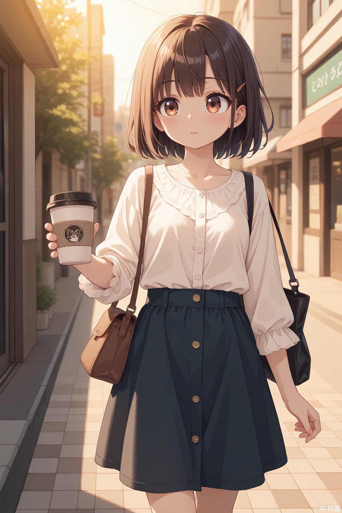 masterpiece, best quality, amazing quality, very aesthetic, absurdres,cute face, slender, detailed eyes, detailed hair,1girl, solo,a candid street photo of a young woman walking with a coffee cup, casual outfit, taken in Tokyo, shallow depth of field, golden hour, natural lighting, unposed