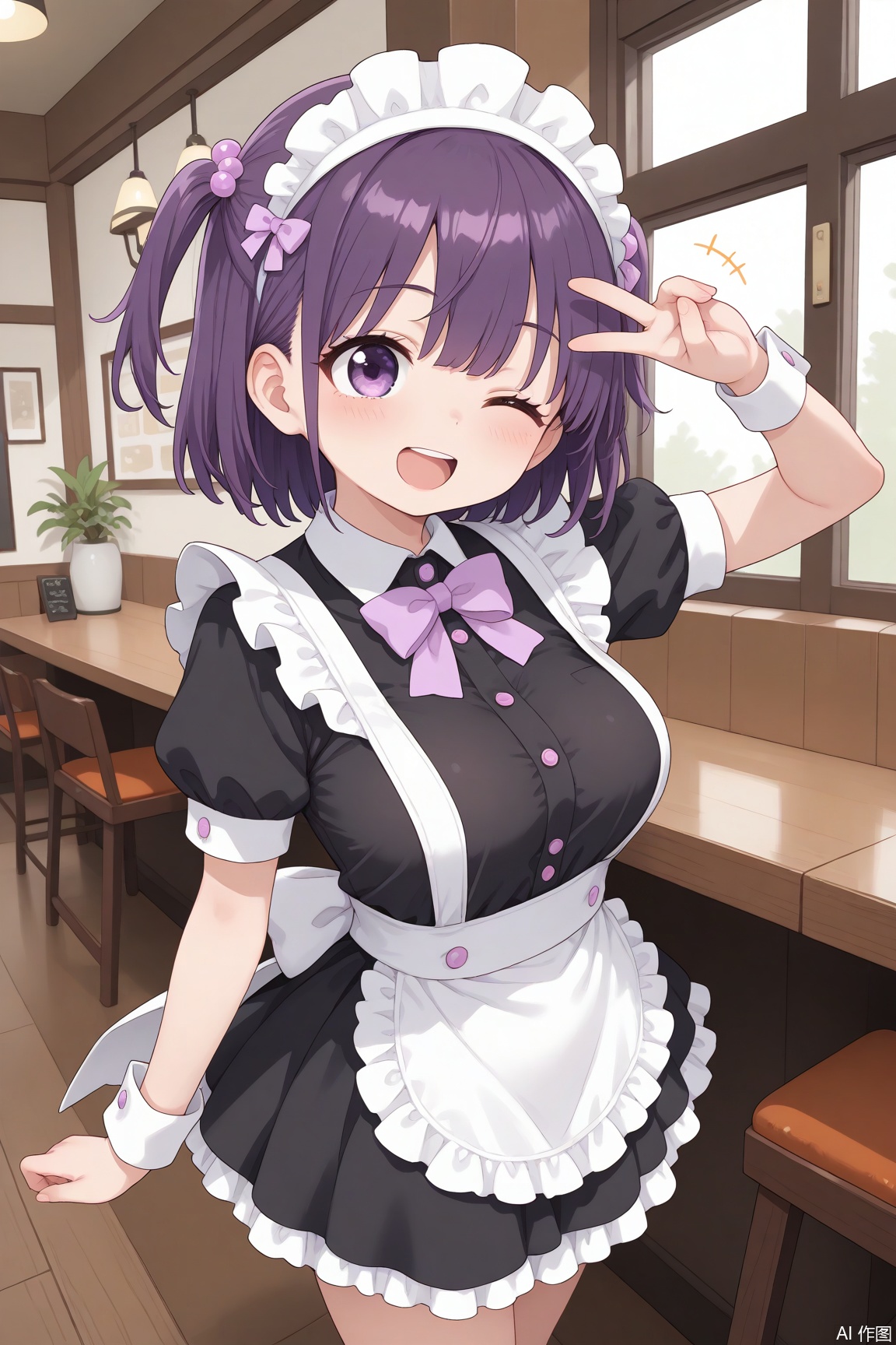masterpiece, best quality, amazing quality, very aesthetic, absurdres,cute round face, slender, detailed eyes, detailed hair, kawaii,1girl, solo,classic maid costume, in cafe, smile, laugh, open mouth, standing,owboy shot, salute v sign, medium large breasts, one eye closed,purple hair, purple eyes