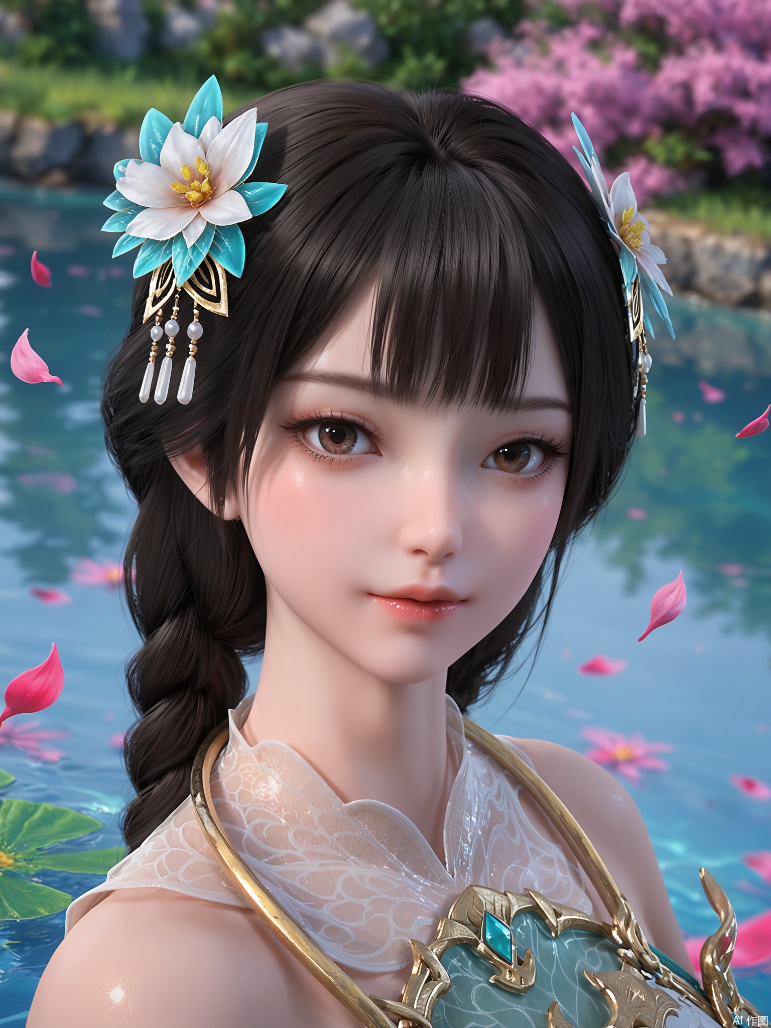 score_9,score_8_up,score_7_up,1girl,looking_at_viewer,realistic,1girl,Vivid Colors,bright environment,delicate water,hair_ornament,shiny skin,shiny hair,reflection,(wariza:1.2),dress,jewelry,flower sea,falling petals,extreme detail description,(full body:0.4),put one hand on your side,long_hair,(skindentation:1.3),Fishnet stockings,bright,sunshine on face,chinese_clothes,Portrait,facial focus,brown eyes