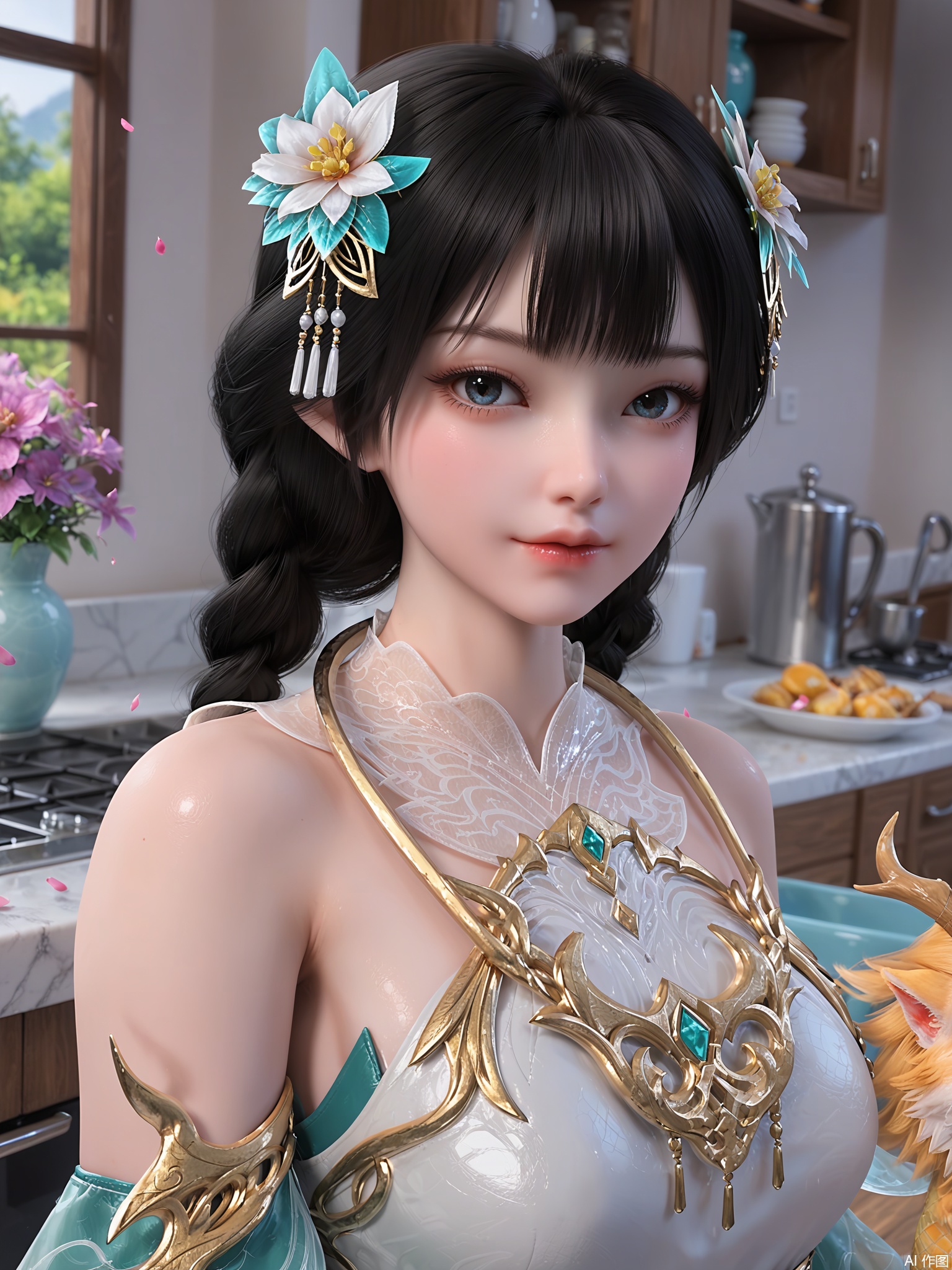 score_9,score_8_up,score_7_up,1girl,looking_at_viewer,realistic,1girl,Vivid Colors,bright environment,delicate water,hair_ornament,shiny skin,shiny hair,reflection,(wariza:1.2),dress,jewelry,flower sea,falling petals,extreme detail description,(upper body:1),put one hand on your side,long_hair,(skindentation:1.3),Fishnet stockings,bright,sunshine on face,chinese_clothes,kitchen,Portrait,facial focus