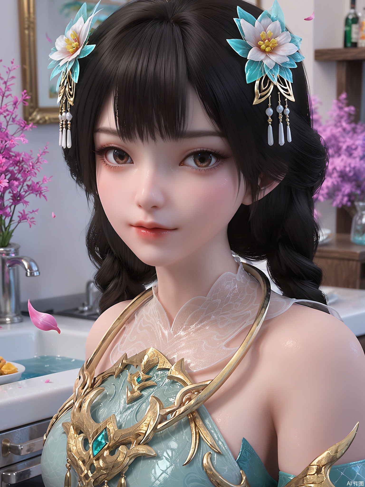 score_9,score_8_up,score_7_up,1girl,looking_at_viewer,realistic,1girl,Vivid Colors,bright environment,delicate water,hair_ornament,shiny skin,shiny hair,reflection,(wariza:1.2),dress,jewelry,flower sea,falling petals,extreme detail description,(upper body:1),put one hand on your side,long_hair,(skindentation:1.3),Fishnet stockings,bright,sunshine on face,chinese_clothes,kitchen,Portrait,facial focus,brown eyes