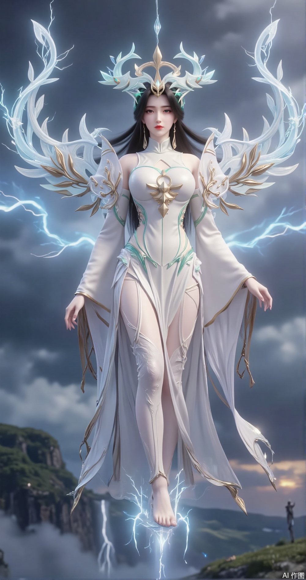 In a sky engulfed by a thunderstorm and dark clouds,  a graceful woman flies on countless thunder flying swords. Her black...