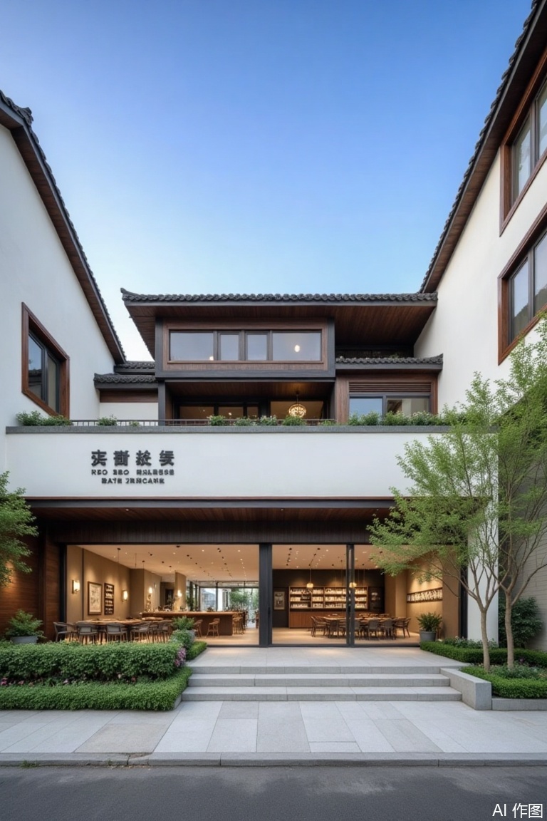 (landscapejam:1), (zhongshi:1), outdoors, sky, day, blue sky, no humans, window, building, scenery, tree, plant, door, house, road, real world location, grass, table, architecture, chair, sign, flower, stairs, east asian architecture, shop, railing, chinese text, potted plant, bush