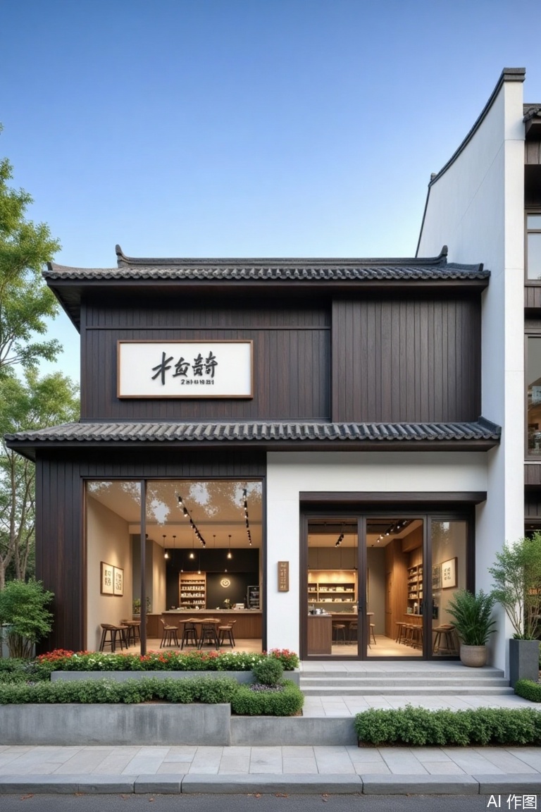 (landscapejam:1), (zhongshi:1), outdoors, sky, day, blue sky, no humans, window, building, scenery, tree, plant, door, house, road, real world location, grass, table, architecture, chair, sign, flower, stairs, east asian architecture, shop, railing, chinese text, potted plant, bush