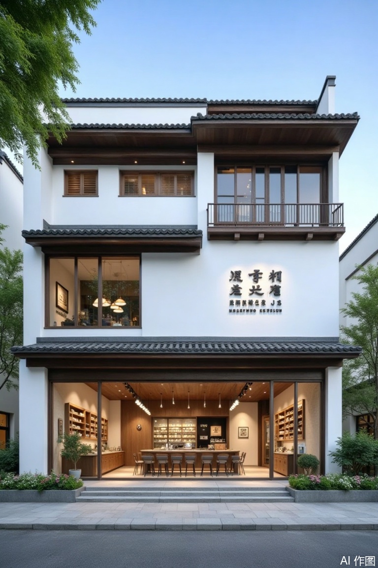 (landscapejam:1), (zhongshi:1), outdoors, sky, day, blue sky, no humans, window, building, scenery, tree, plant, door, house, road, real world location, grass, table, architecture, chair, sign, flower, stairs, east asian architecture, shop, railing, chinese text, potted plant, bush