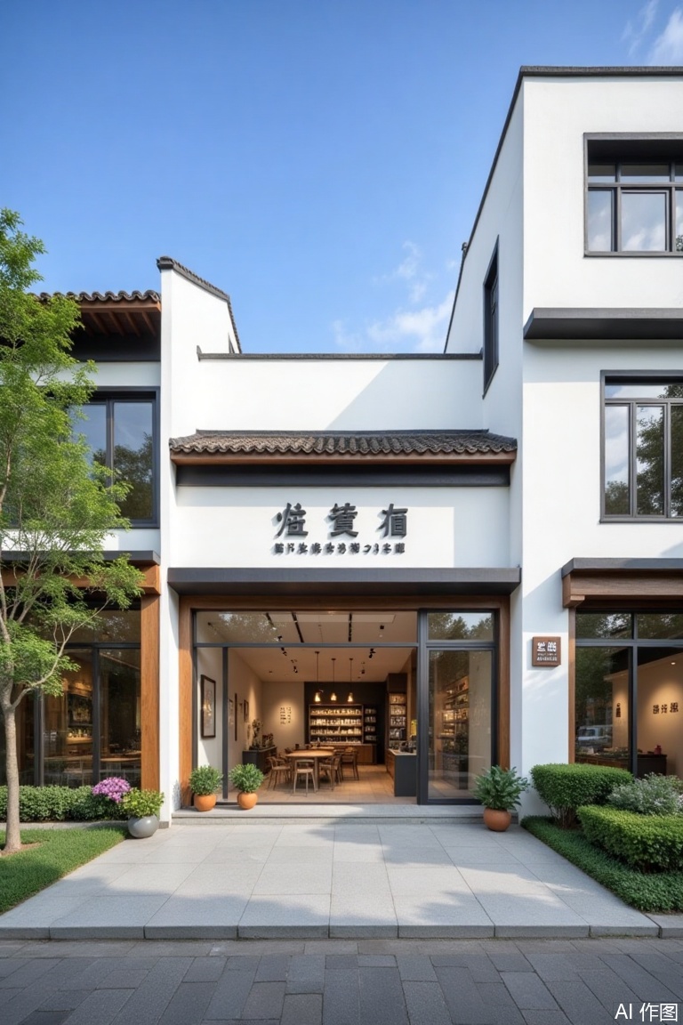 (landscapejam:1), (zhongshi:1), outdoors, sky, day, blue sky, no humans, window, building, scenery, tree, plant, door, house, road, real world location, grass, table, architecture, chair, sign, flower, stairs, east asian architecture, shop, railing, chinese text, potted plant, bush