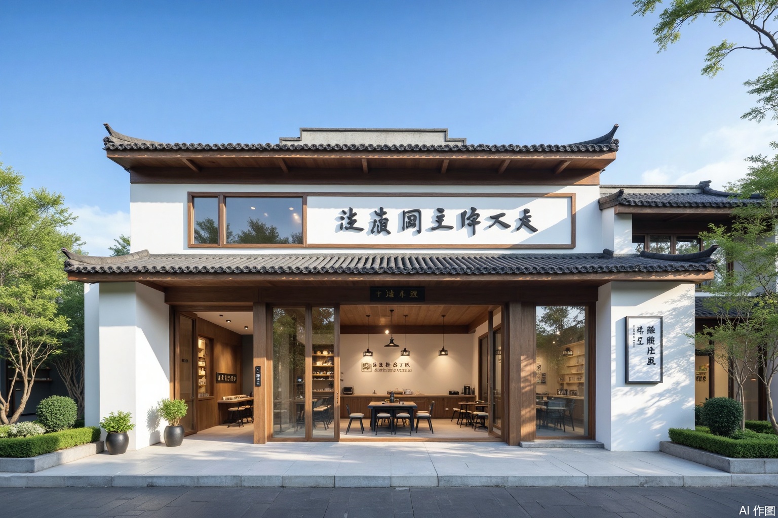 (landscapejam:2), (zhongshi:2), outdoors, sky, day, blue sky, no humans, window, building, scenery, tree, plant, door, house, road, real world location, grass, table, architecture, chair, sign, flower, stairs, east asian architecture, shop, railing, chinese text, potted plant, bush