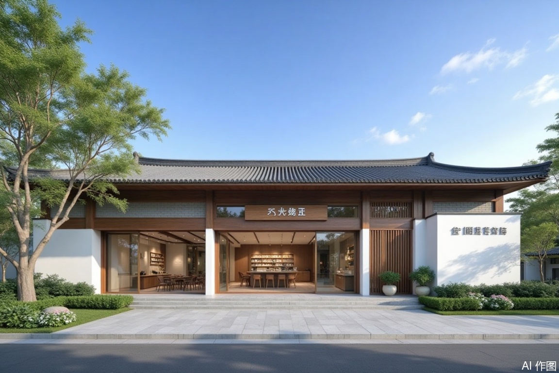 (landscapejam:1), (zhongshi:1), outdoors, sky, day, blue sky, no humans, window, building, scenery, tree, plant, door, house, road, real world location, grass, table, architecture, chair, sign, flower, stairs, east asian architecture, shop, railing, chinese text, potted plant, bush