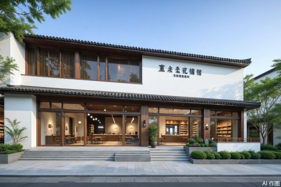 (landscapejam:2), (zhongshi:2), outdoors, sky, day, blue sky, no humans, window, building, scenery, tree, plant, door, house, road, real world location, grass, table, architecture, chair, sign, flower, stairs, east asian architecture, shop, railing, chinese text, potted plant, bush