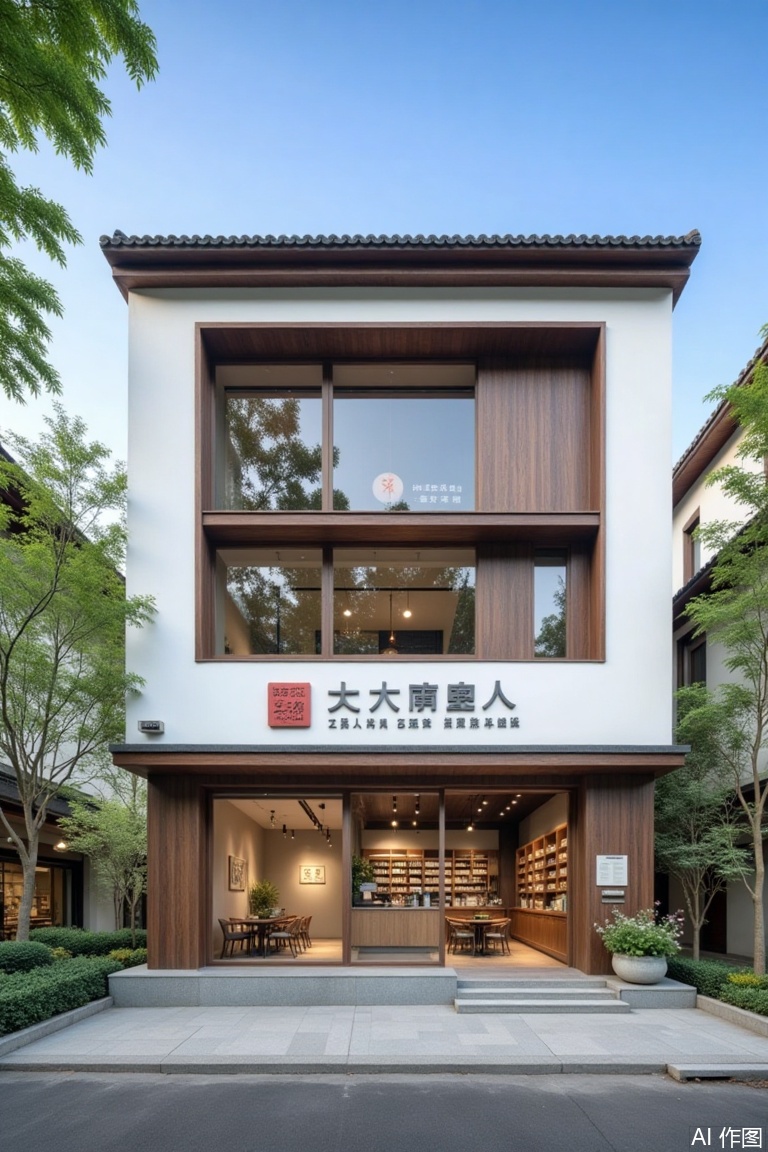 (landscapejam:1), (zhongshi:1), outdoors, sky, day, blue sky, no humans, window, building, scenery, tree, plant, door, house, road, real world location, grass, table, architecture, chair, sign, flower, stairs, east asian architecture, shop, railing, chinese text, potted plant, bush