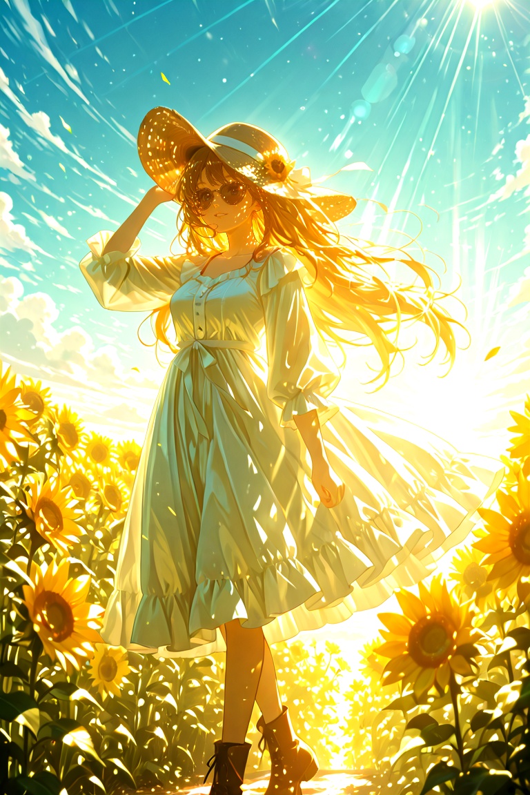 Create an illustration of a whimsical character with animal-like features,  long flowing hair,  wearing a detailed ruffled...