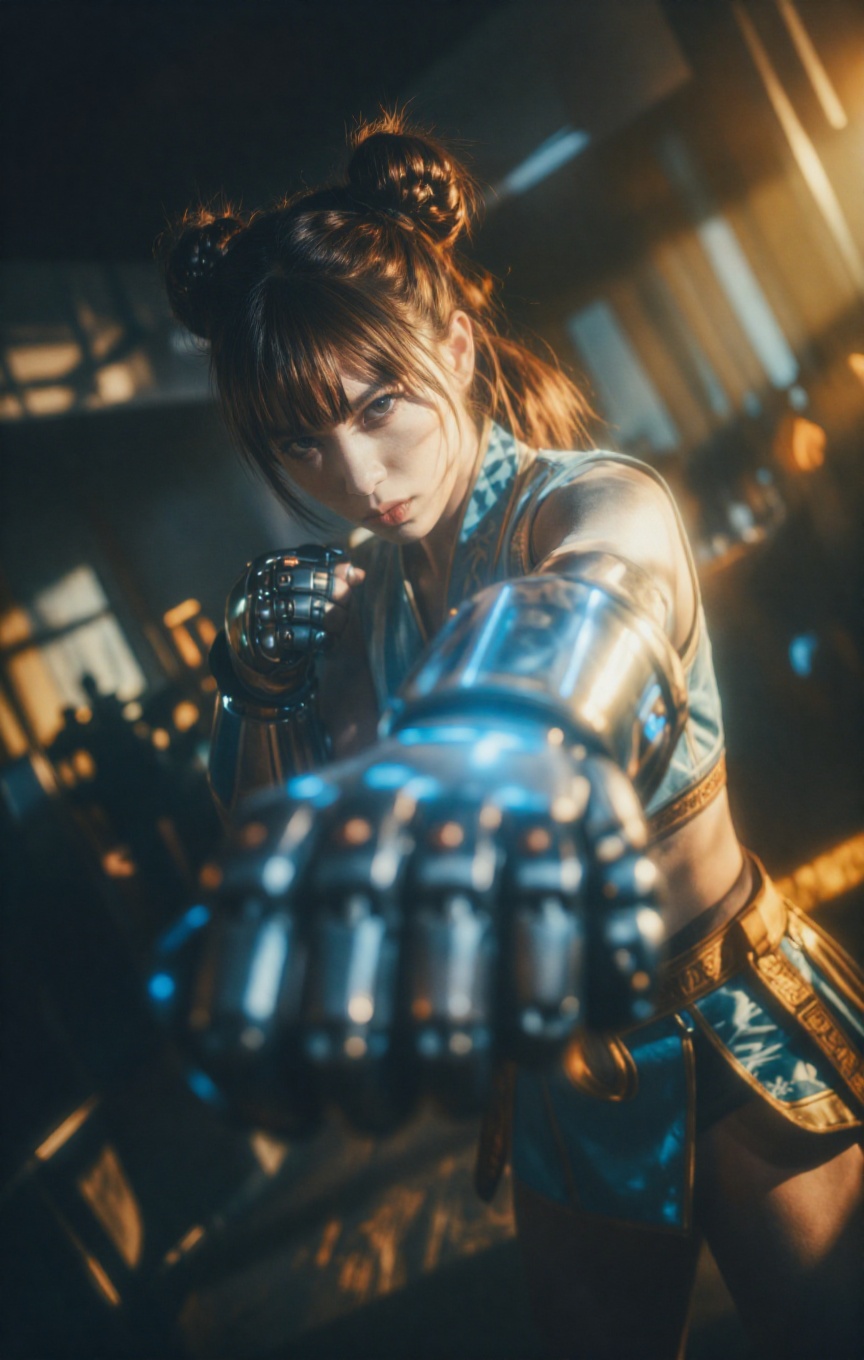 a dramatic close-up shot framed from a dynamic low angle,  focusing intently on a woman executing a powerful forward punch...