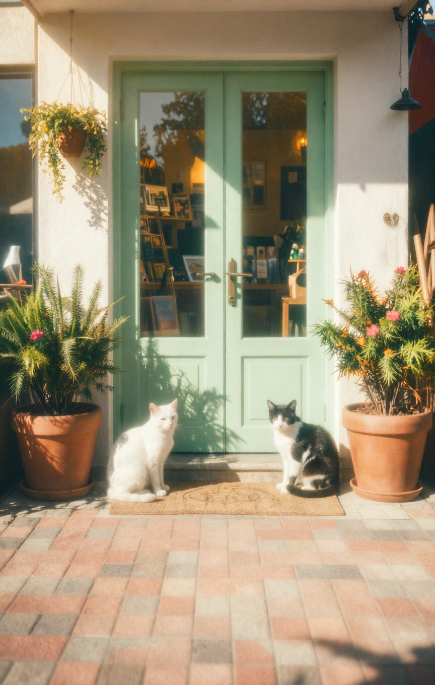 Bathed in bright ambient daylight illuminating the scene from the front and casting soft shadows beneath the potted plants...