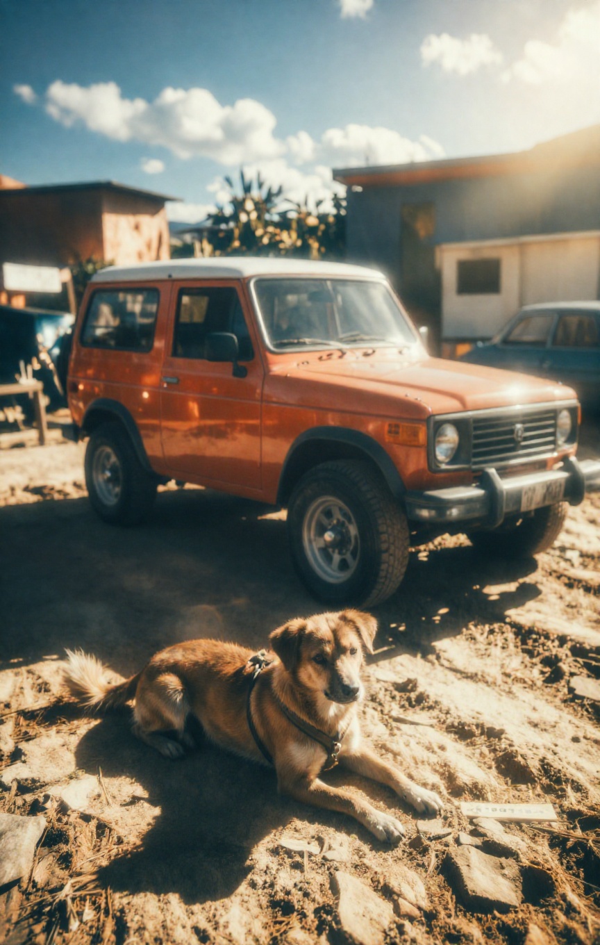Bathed in bright sunlight appearing to come from the upper right,  casting distinct shadows of the orange off-road vehicle...