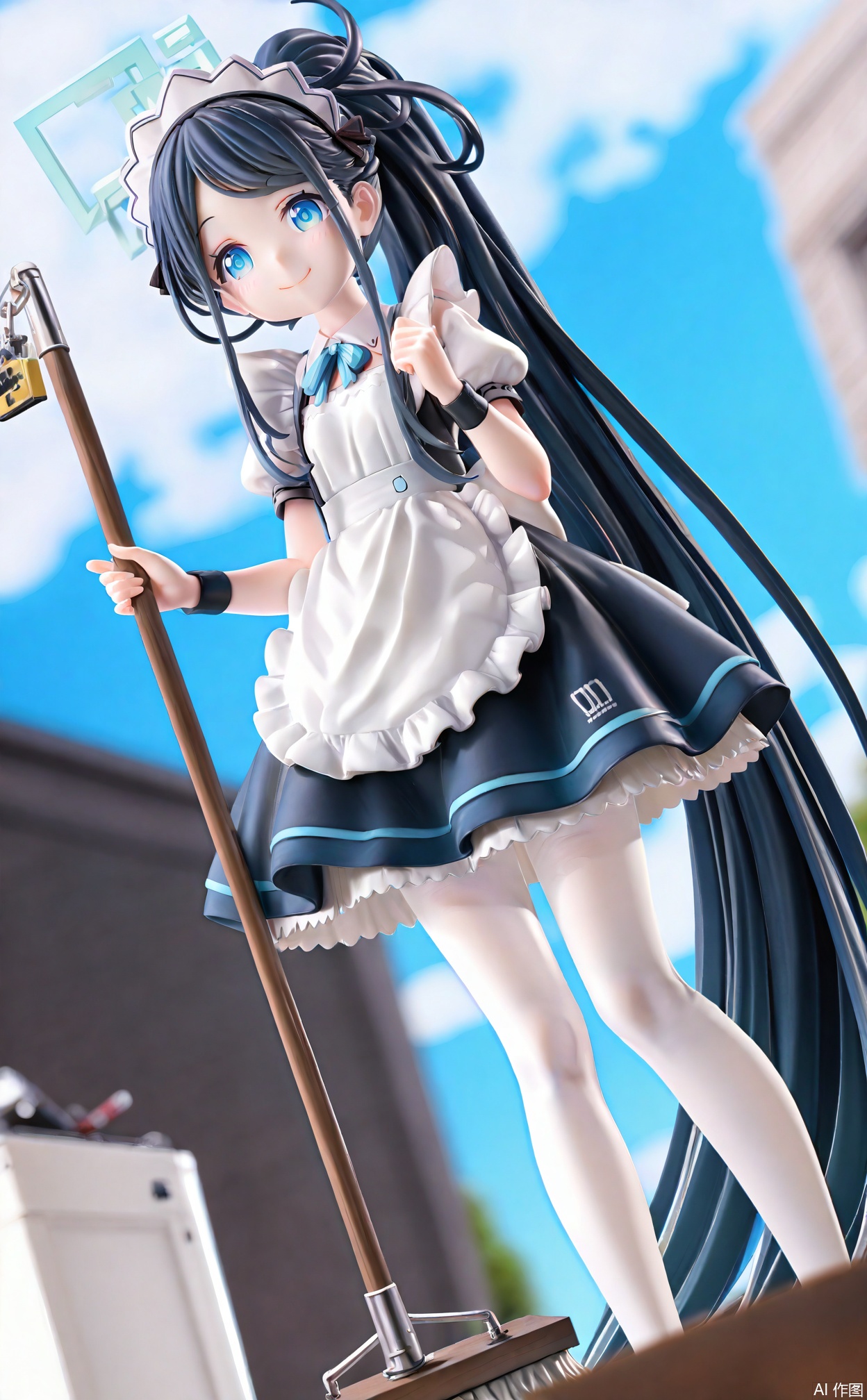 masterpiece,very aware,highres,absurdres,newest,best quality,high quality,loli,petite,chromatic_aberration,cinematic_angle,dutch angle,Light Blue Theme,//,1girl,aris (blue archive),aris (maid) (blue archive),official alternate costume,long hair,solo,apron,maid,halo,black hair,maid headdress,blue eyes,maid apron,blurry,very long hair,borrowed clothes,pantyhose,short sleeves,sidelocks,smile,dress,white apron,depth of field,black dress,holding,white pantyhose,blurry background,ponytail,sky,frilled apron,holding mop,frills,absurdly long hair,official alternate hairstyle,mop,puffy sleeves,standing,cloud,outdoors,puffy short sleeves,closed mouth,ribbon,cloudy sky,neck ribbon,blue sky,broom,looking at viewer,parted bangs,wristband,//,//,,