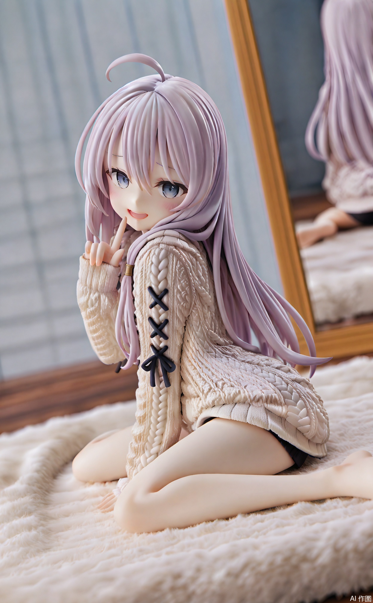 masterpiece,very aware,highres,absurdres,newest,best quality,high quality,loli,petite,chromatic_aberration,cinematic_angle,dutch angle,Light Blue Theme,//,elaina (majo no tabitabi), long hair, 1girl, ahoge, sitting, aran sweater, barefoot, cable knit, looking at viewer, carpet, reflection, rug, sweater, open mouth, solo, smile, mirror, wariza, blue eyes, bare legs, index finger raised, black shorts, blurry, shorts, hair between eyes, long sleeves, grey eyes, v, floor, hoshi syoko, white sweater, sleeves past wrists, blurry background, white hair//,//,,