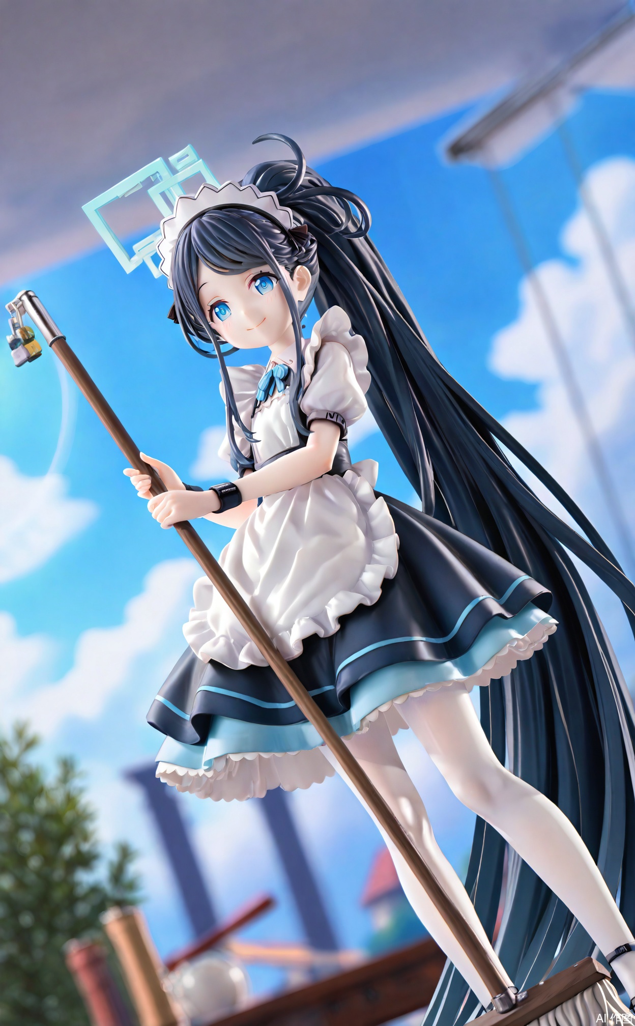 masterpiece,very aware,highres,absurdres,newest,best quality,high quality,loli,petite,chromatic_aberration,cinematic_angle,dutch angle,Light Blue Theme,//,1girl,aris (blue archive),aris (maid) (blue archive),official alternate costume,long hair,solo,apron,maid,halo,black hair,maid headdress,blue eyes,maid apron,blurry,very long hair,borrowed clothes,pantyhose,short sleeves,sidelocks,smile,dress,white apron,depth of field,black dress,holding,white pantyhose,blurry background,ponytail,sky,frilled apron,holding mop,frills,absurdly long hair,official alternate hairstyle,mop,puffy sleeves,standing,cloud,outdoors,puffy short sleeves,closed mouth,ribbon,cloudy sky,neck ribbon,blue sky,broom,looking at viewer,parted bangs,wristband,//,//,,