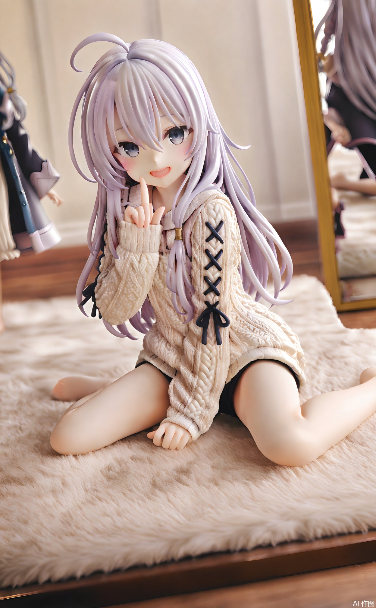 masterpiece,very aware,highres,absurdres,newest,best quality,high quality,loli,petite,chromatic_aberration,cinematic_angle,dutch angle,Light Blue Theme,//,elaina (majo no tabitabi), long hair, 1girl, ahoge, sitting, aran sweater, barefoot, cable knit, looking at viewer, carpet, reflection, rug, sweater, open mouth, solo, smile, mirror, wariza, blue eyes, bare legs, index finger raised, black shorts, blurry, shorts, hair between eyes, long sleeves, grey eyes, v, floor, hoshi syoko, white sweater, sleeves past wrists, blurry background, white hair//,//,,