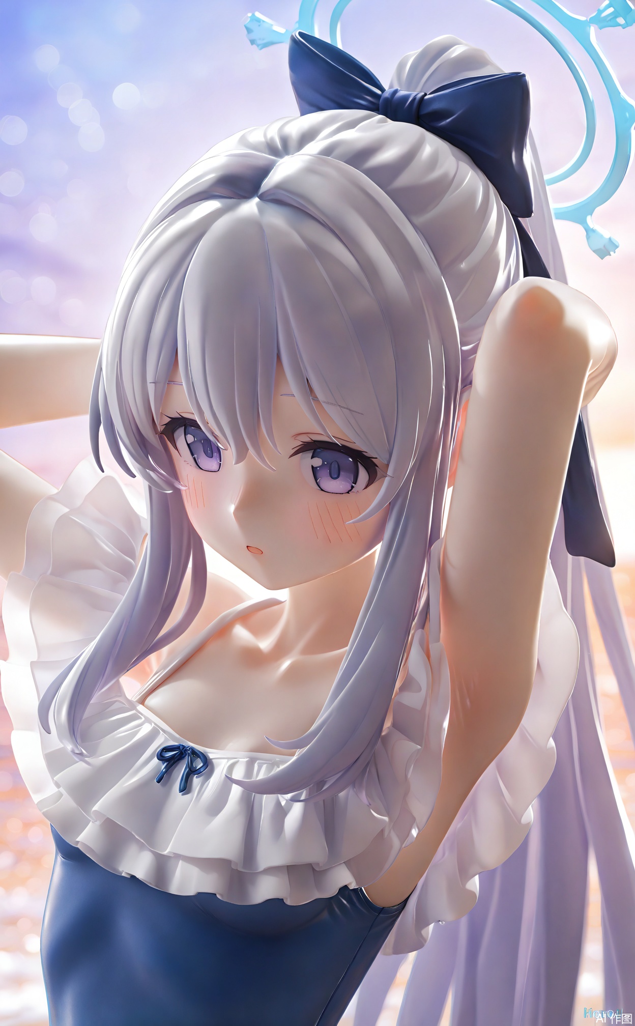 masterpiece,very aware,highres,absurdres,newest,best quality,high quality,loli,petite,chromatic_aberration,cinematic_angle,dutch angle,Light Blue Theme,//1girl, miyako (blue archive), miyako (swimsuit) (blue archive), official alternate costume, solo, halo, one-piece swimsuit, long hair, frilled one-piece swimsuit, armpits, swimsuit, blurry, casual one-piece swimsuit, blue one-piece swimsuit, ponytail, looking at viewer, blurry background, depth of field, arms up, frills, blue halo, hair between eyes, upper body, purple eyes, hair bow, sidelocks, arms behind head, grey hair, bow, bokeh, off-shoulder one-piece swimsuit, small breasts, breasts, ocean, artist name, parted lips, blue bow, sunset, blush, white hair, outdoors, blue eyes, sky, off shoulder, ribbon, very long hair, horizon, hair intakes, alternate hairstyle, presenting armpit, collarbone//,//,,