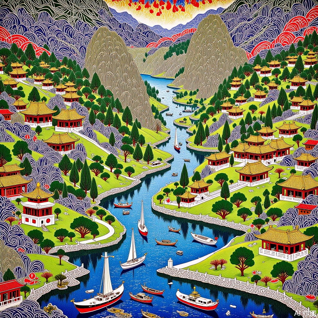  The art of lines,Food carving art,Freehand Chinese painting,Landscape of mountains and waters,illustration
