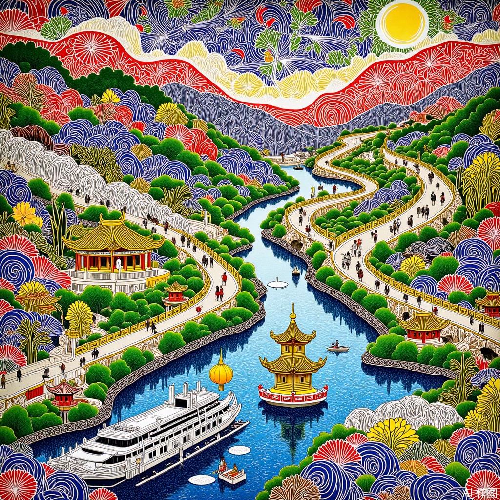  The art of lines,Food carving art,Freehand Chinese painting,Landscape of mountains and waters,illustration