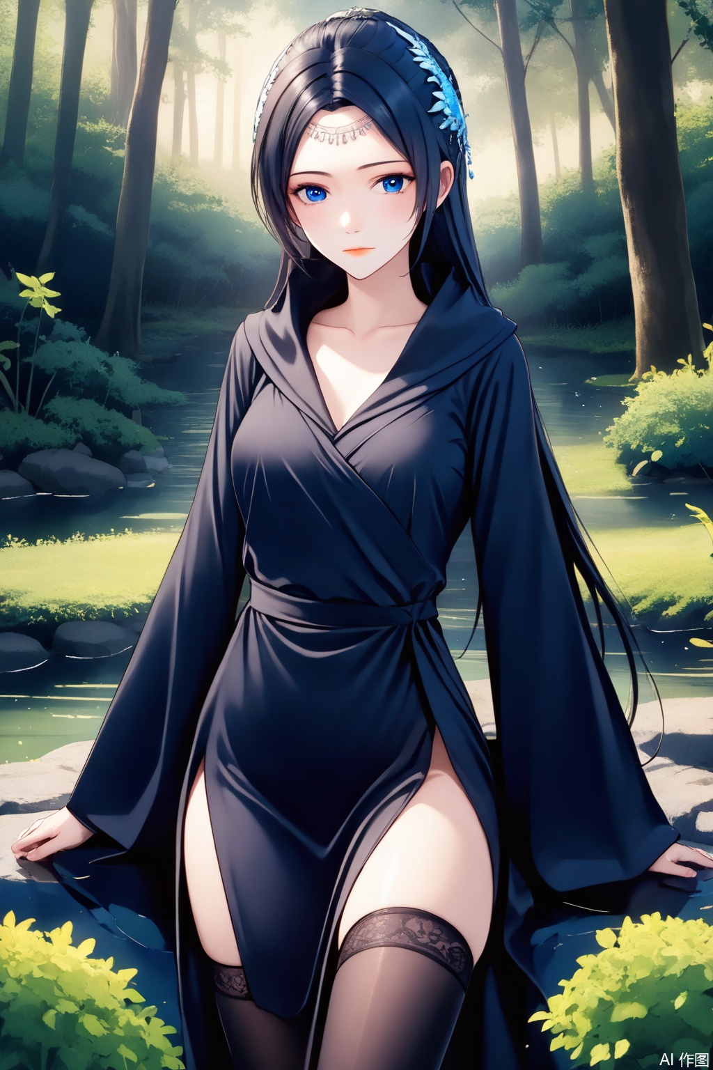 score_9,score_8_up,score_7_up,1girl, solo, long hair, looking at viewer, blue eyes, black hair, hair ornament, long sleeves, dress, Black dress,Thigh exposed,thighhighs,looking at viewer,Forest,Forest,