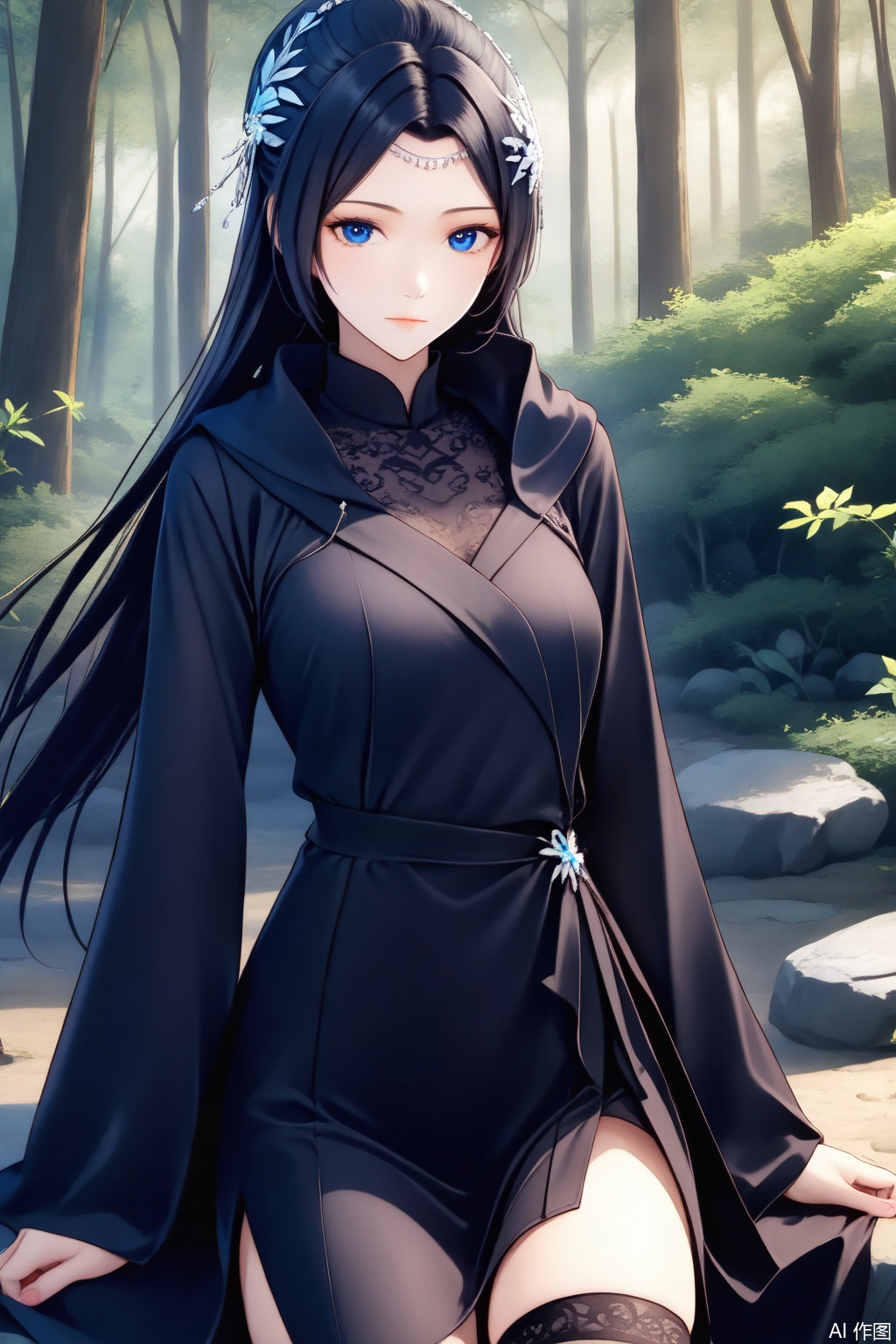 score_9,score_8_up,score_7_up,1girl, solo, long hair, looking at viewer, blue eyes, black hair, hair ornament, long sleeves, dress, Black dress,Thigh exposed,thighhighs,looking at viewer,Forest,Forest,