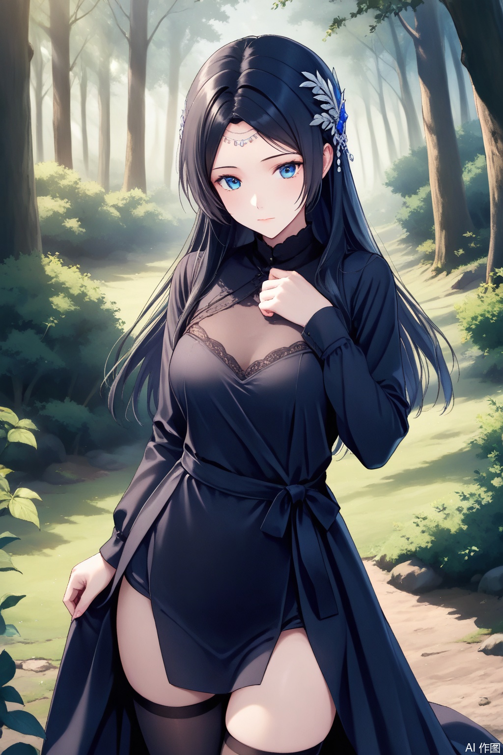 score_9,score_8_up,score_7_up,1girl, solo, long hair, looking at viewer, blue eyes, black hair, hair ornament, long sleeves, dress, Black dress,Thigh exposed,thighhighs,looking at viewer,Forest,Forest,