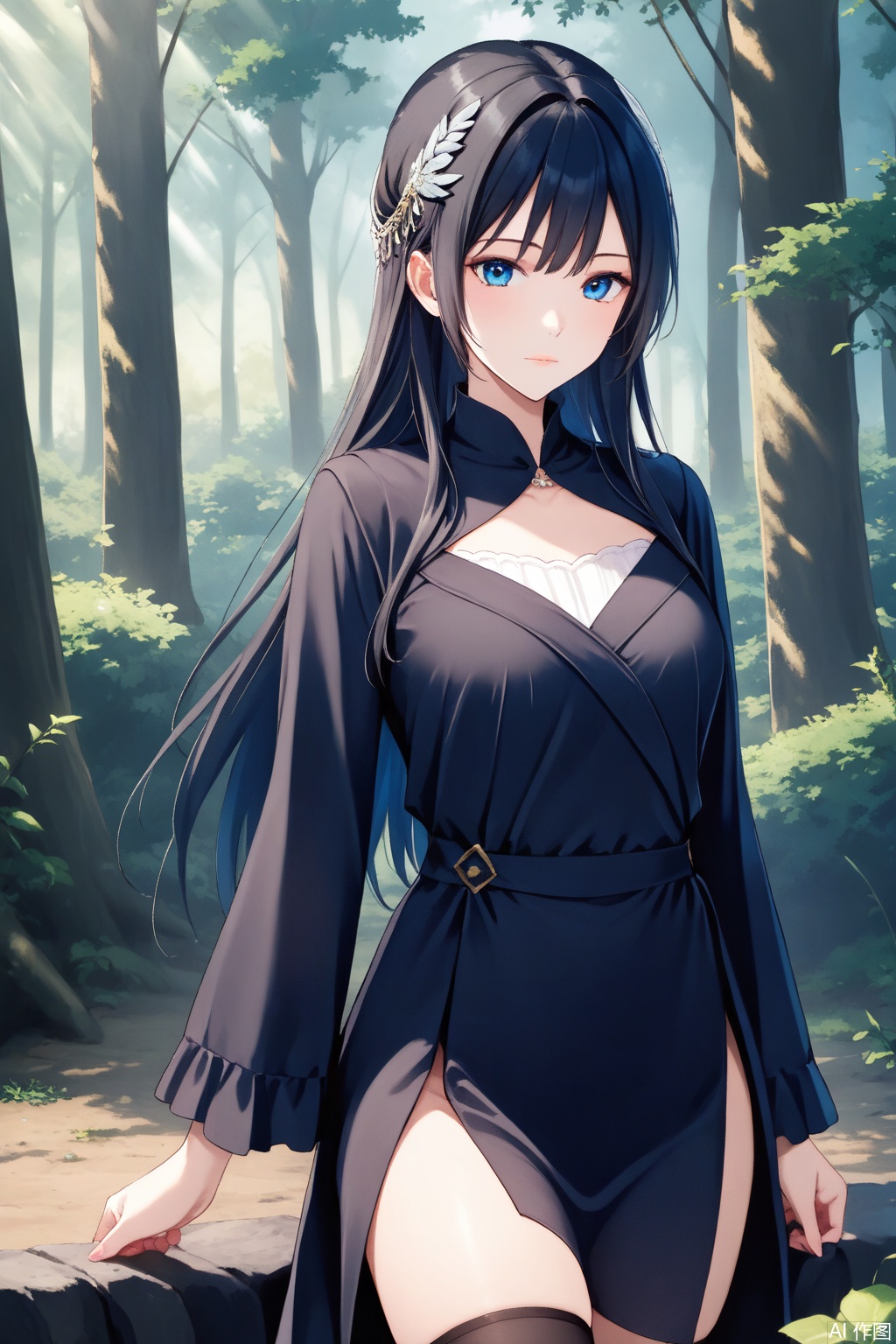 score_9,score_8_up,score_7_up,1girl, solo, long hair, looking at viewer, blue eyes, black hair, hair ornament, long sleeves, dress, Black dress,Thigh exposed,thighhighs,looking at viewer,Forest,Forest,