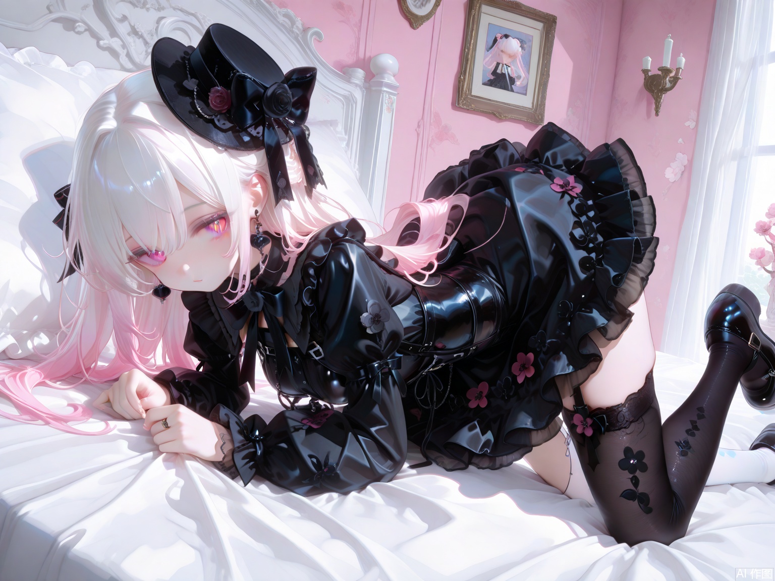 masterpiece,high quality,best quality,masterpiece,high quality,best quality,1girl,white_hair,pink_hair,multicolor_hair,gradient_hair,hat,roes,earring,large_breast,gothloli,black lolita_shoes,white stocking,black stocking,asymmetrical legwear,Tokitamashi,on  bed