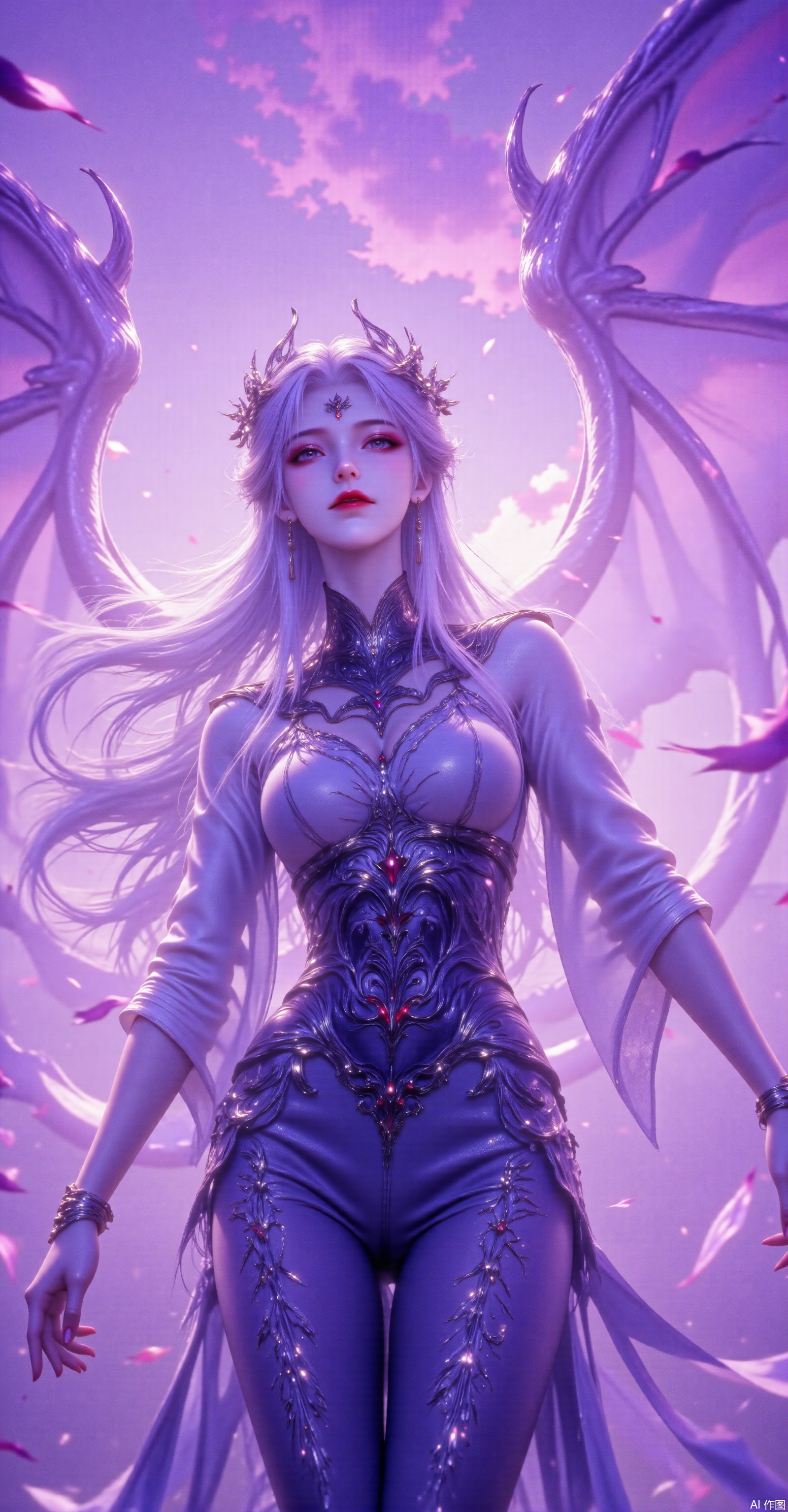 The background is a soft, ethereal blend of purples and blues, with faint outlines of what appear to be large, curved structures or wings, adding to the fantastical nature of the scene. The overall mood is one of elegance and mystery, with the subject seeming to emerge from a dream or a fantastical realm, emphasizing the surreal and fantastical elements of the artwork.