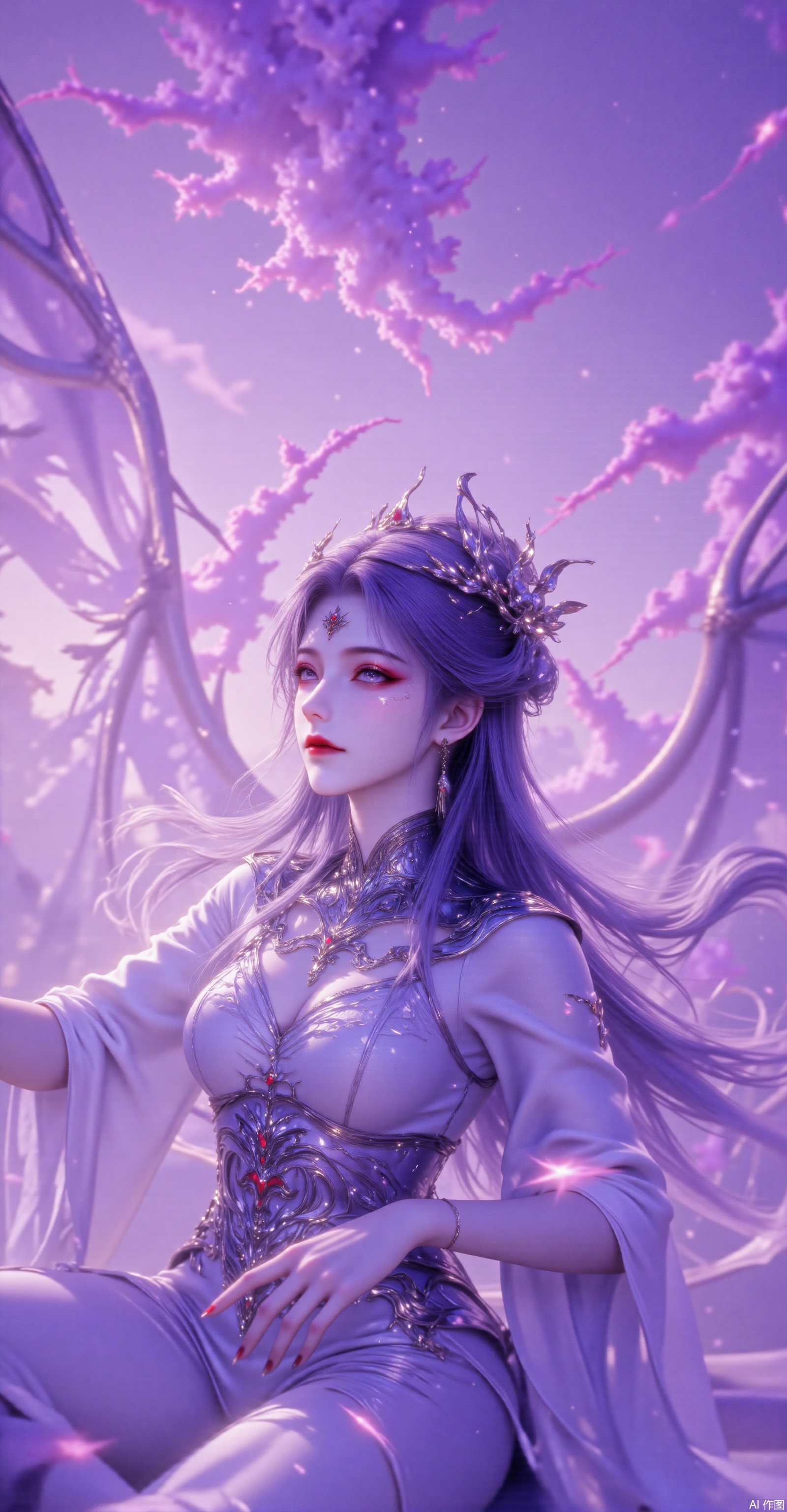 The background is a soft, ethereal blend of purples and blues, with faint outlines of what appear to be large, curved structures or wings, adding to the fantastical nature of the scene. The overall mood is one of elegance and mystery, with the subject seeming to emerge from a dream or a fantastical realm, emphasizing the surreal and fantastical elements of the artwork.