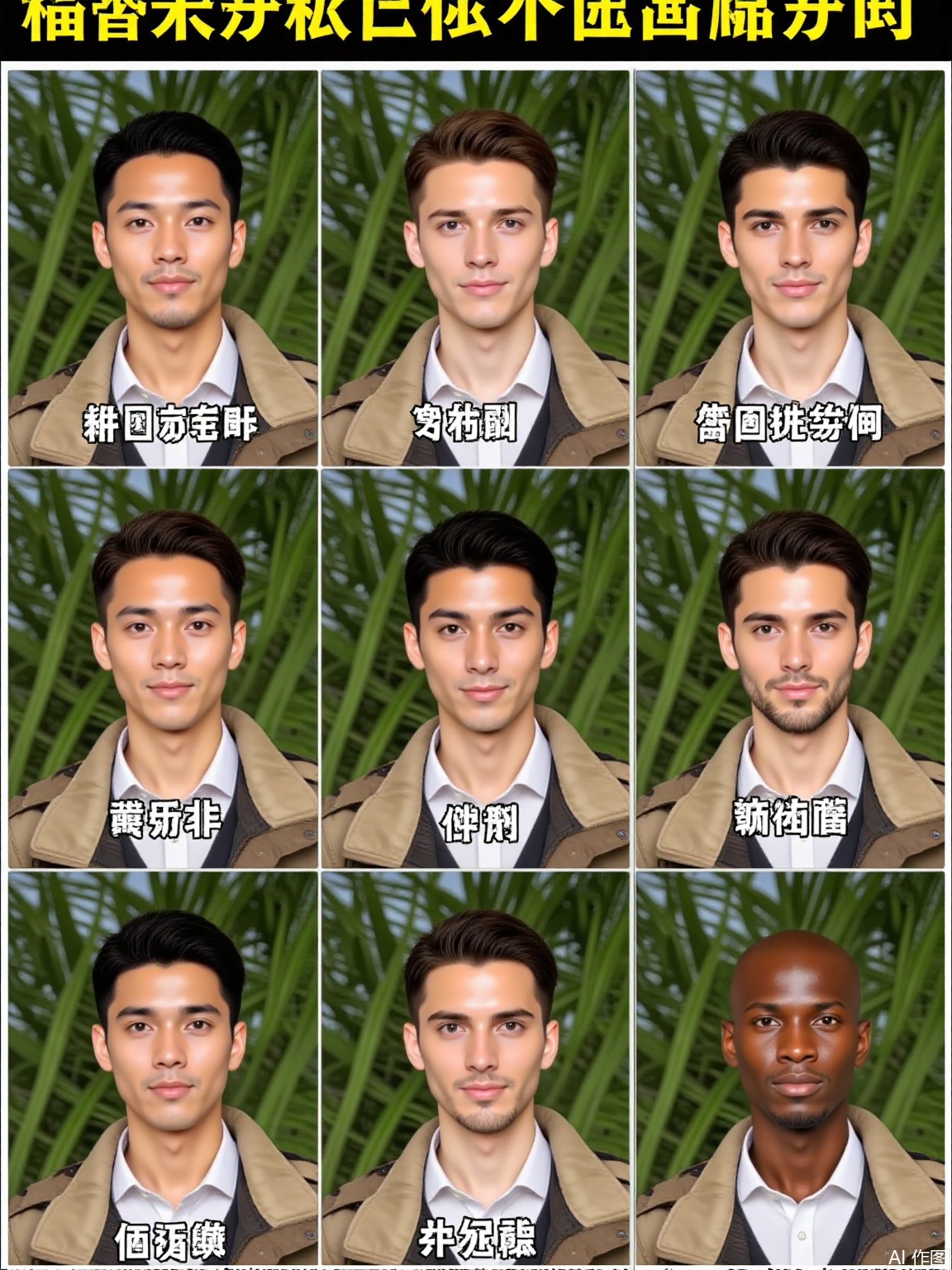 male,
This is a nine grid picture. It shows the images of the same person assuming they were born in different countries. The nine countries are: Russia and China and Hungary from left to right in the first row; Greece and Germany and Spain from left to right in the second row; India and Japan and South Africa from left to right in the third row. The people are wearing uniform white shirts with tan - colored jackets,
against a backdrop of green plants. Their expressions are composed and hairstyles are neat,
demonstrating the physical features characteristic of different countries,