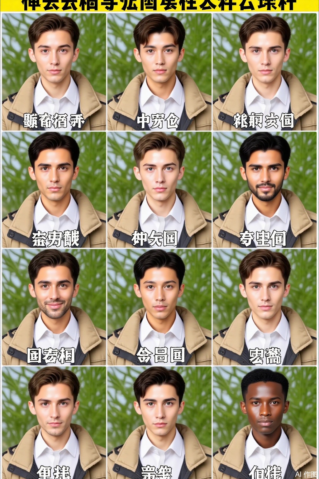 male,
This is a nine - grid picture. It shows the images of the same person assuming they were born in different countries. The nine countries are: Russia and China and Hungary from left to right in the first row; Greece and Germany and Spain from left to right in the second row; India and Japan and South Africa from left to right in the third row. The people are wearing uniform white shirts with tan - colored jackets,
against a backdrop of green plants. Their expressions are composed and hairstyles are neat,
demonstrating the physical features characteristic of different countries....,
There is a line of Chinese text at the top of the picture: "你生在国外会长什么样".
 The Chinese characters corresponding from left to right in the first row are "俄罗斯" and "中国" and "匈牙利" respectively. 
The Chinese characters corresponding from left to right in the second row are "希腊" and "德国" and "西班牙" respectively. 
The Chinese characters corresponding from left to right in the third row are "印度" and "日本" and "南非" respectively.,Cross border special effects