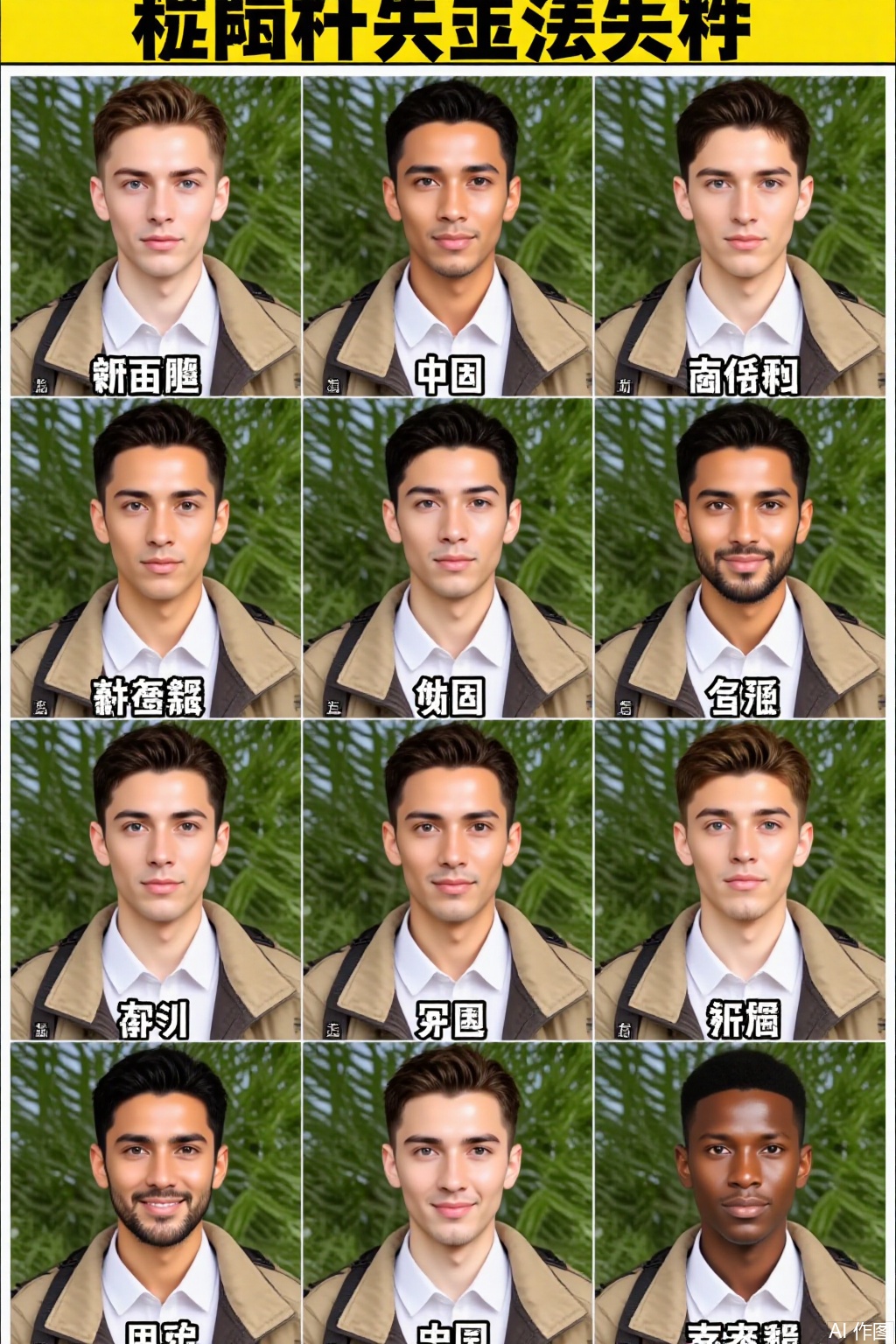 male,
This is a nine - grid picture. It shows the images of the same person assuming they were born in different countries. The nine countries are: Russia and China and Hungary from left to right in the first row; Greece and Germany and Spain from left to right in the second row; India and Japan and South Africa from left to right in the third row. The people are wearing uniform white shirts with tan - colored jackets,
against a backdrop of green plants. Their expressions are composed and hairstyles are neat,
demonstrating the physical features characteristic of different countries....,
There is a line of Chinese text at the top of the picture: "你生在国外会长什么样".
 The Chinese characters corresponding from left to right in the first row are "俄罗斯" and "中国" and "匈牙利" respectively. 
The Chinese characters corresponding from left to right in the second row are "希腊" and "德国" and "西班牙" respectively. 
The Chinese characters corresponding from left to right in the third row are "印度" and "日本" and "南非" respectively.