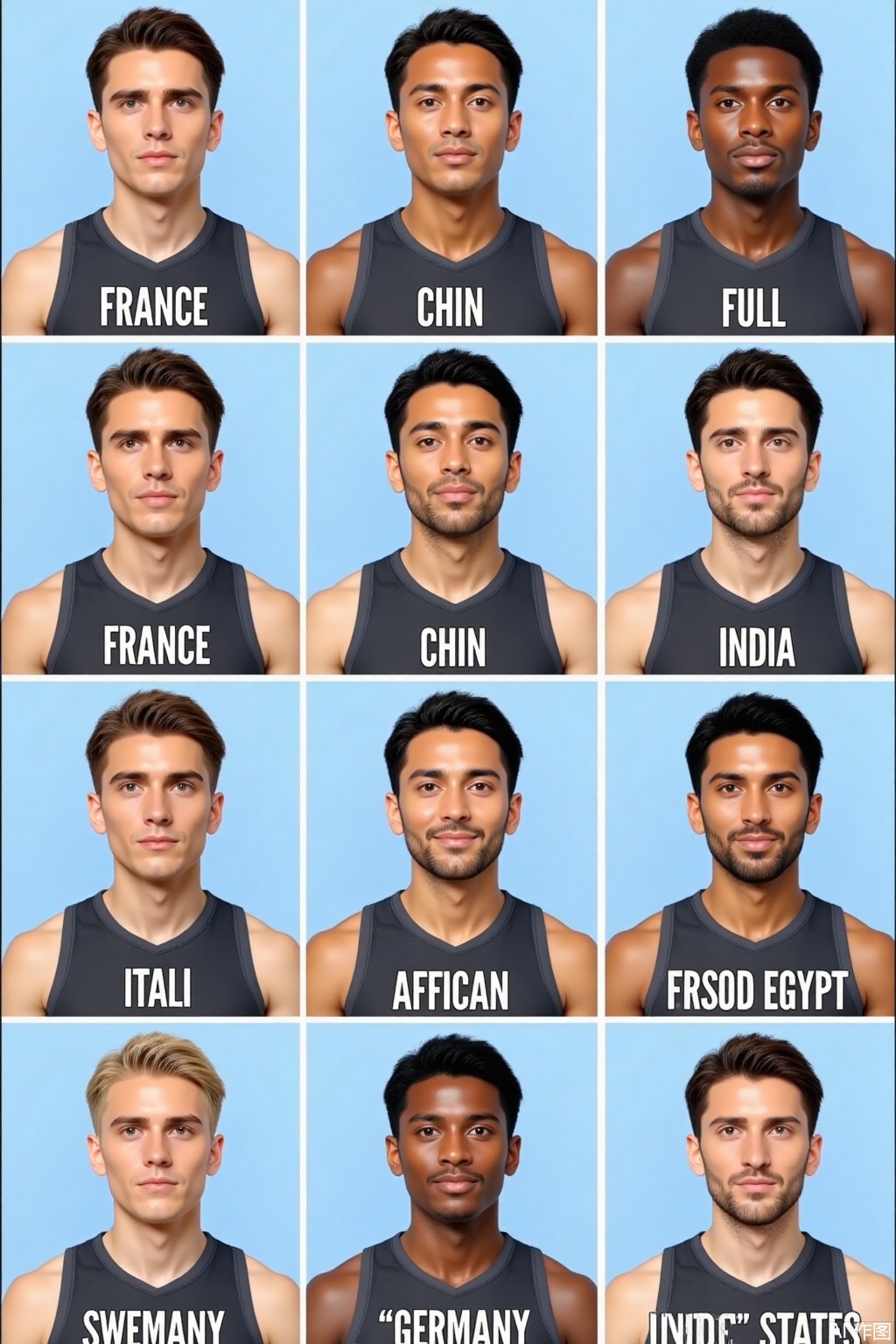 This is a nine grid image with the theme of "What does a president look like when you were born abroad. The figure shows the image assuming the same person was born in different countries. The characters are dressed in a uniform dark sports vest with a light blue background. Their expressions and demeanor are similar, their posture is upright and straight, and their eyes are looking towards the top left corner of the camera. Through different physical features, they present the typical style of the corresponding national population.
The first row, from left to right, represents the image of men born in France, China, and Africa;
Under the image of a French man is written 'France', under the image of a Chinese man is written 'China', and under the image of an African man is written 'Africa',
The second row, from left to right, depicts the image of men born in Italy, India, and Germany;
Under the image of an Italian man is written 'Italy', under the image of an Indian man is written 'India', and under the image of a German man is written 'Germany',
The third row, from left to right, depicts the image of men born in Sweden, Egypt, and the United States.
Under the image of a Swedish man is written 'Sweden', under the image of an Egyptian man is written 'Egypt', and under the image of an American man is written 'America',