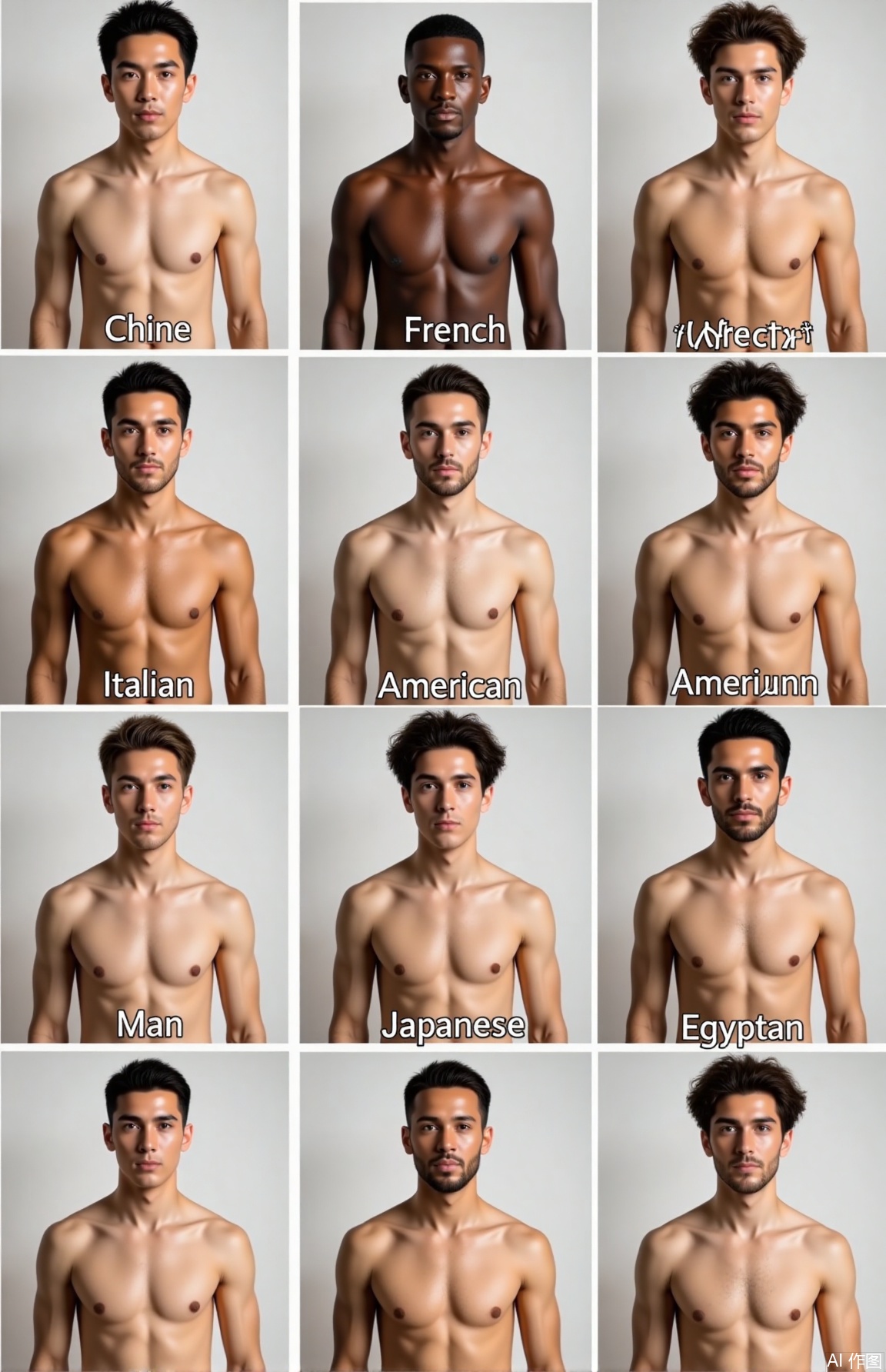The nine-grid picture contains photos of men from nine countries. They are wearing the same clothes and similar hairstyles, with basically the same expression, movement and eye direction. The first man in the nine grid is Chinese, the second man is French, the third man is African, the fourth man is American, the fifth man is Italian, the sixth man is British, the seventh man is Japanese, the eighth man is Korean, and the ninth man is Egyptian. They are shirtless, with their eyes consistently looking to the right side of the camera, and they are uniformly holding their hands in their chests. They are handsome men from each country.
